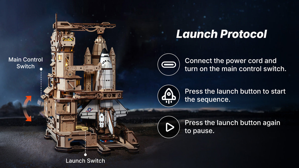 ROKR Space Shuttle LKA02 3D wooden puzzle launch platform model with space shuttle on gantry and step-by-step launch protocol diagram on a dark starfield background