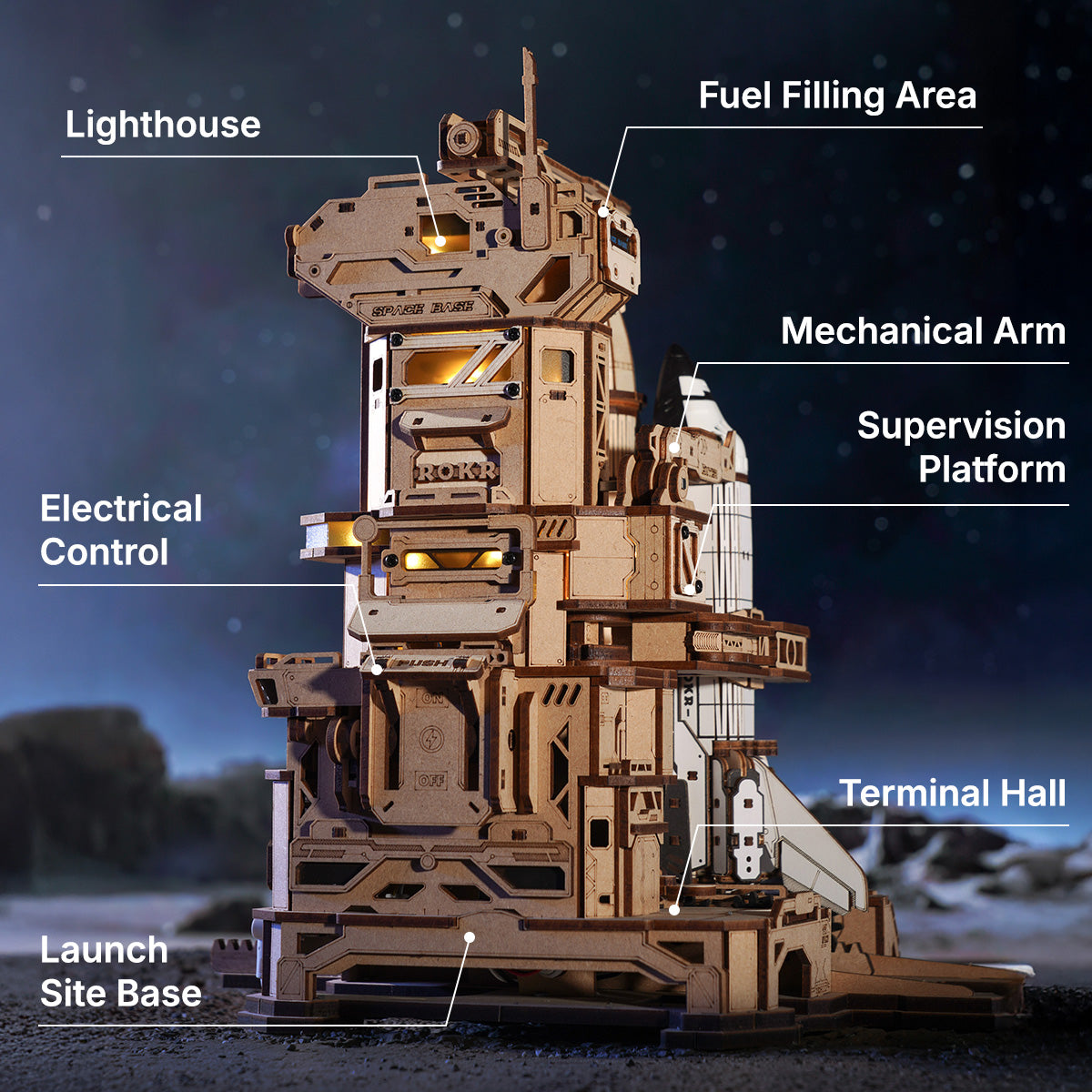 ROKR Space Shuttle LKA02 full assembled size infographic showing the completed model measures 10.7 by 9.8 by 7.7 inches with crane arm and launch tower visible