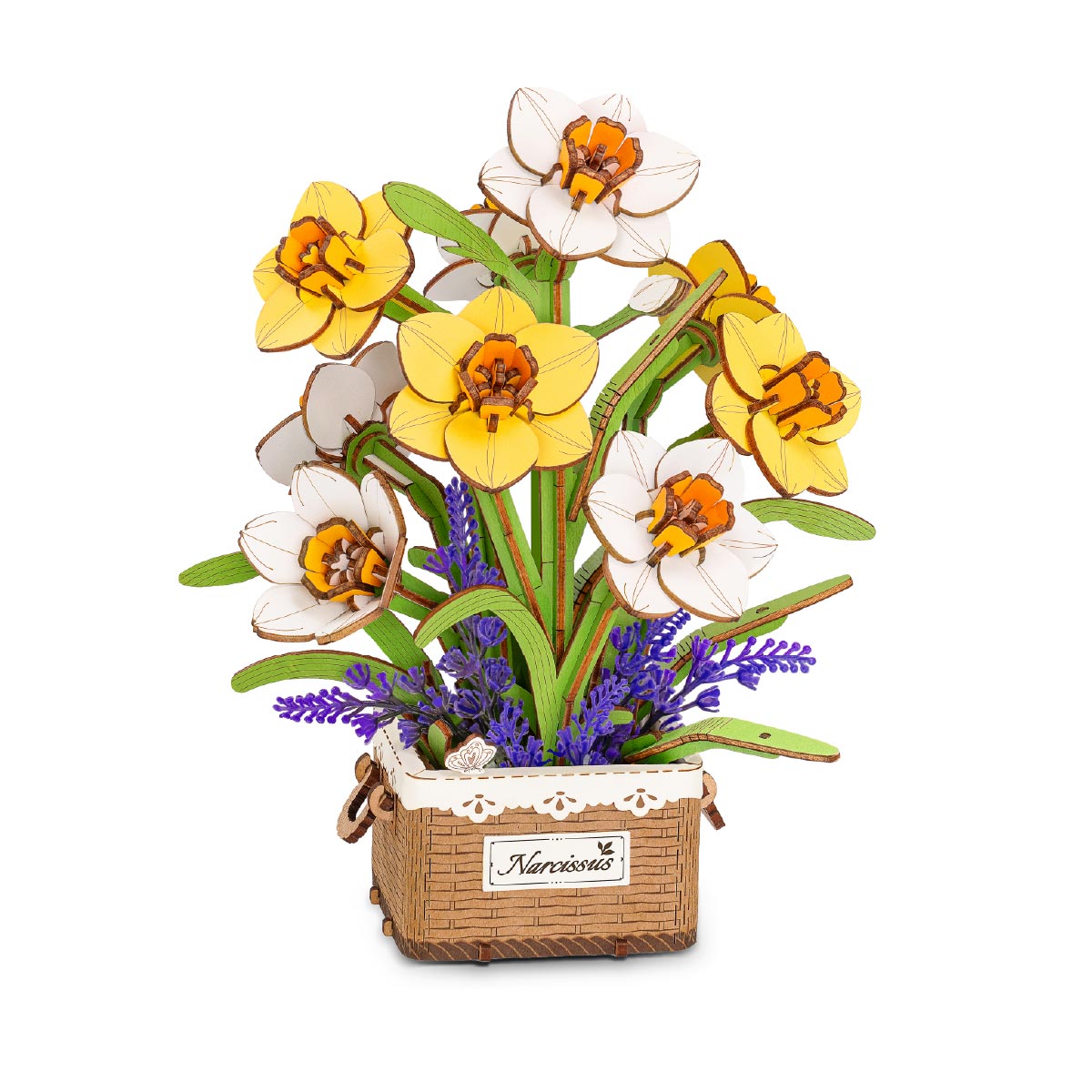 Rowood Narcissus Flower Bouquet Wooden 3D Puzzle TF002 3D wooden flower puzzle, angled view showing detail and craftsmanship