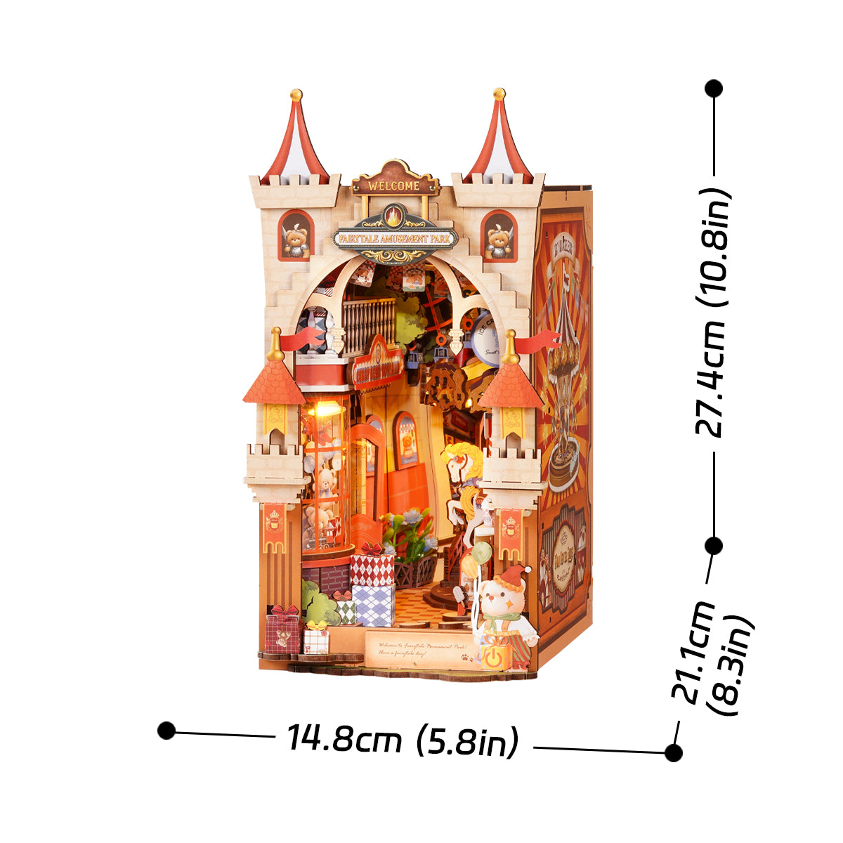 Rolife Fairytale Amusement Park Book Nook TGB17 3D wooden puzzle model, styled lifestyle scene with model assembled