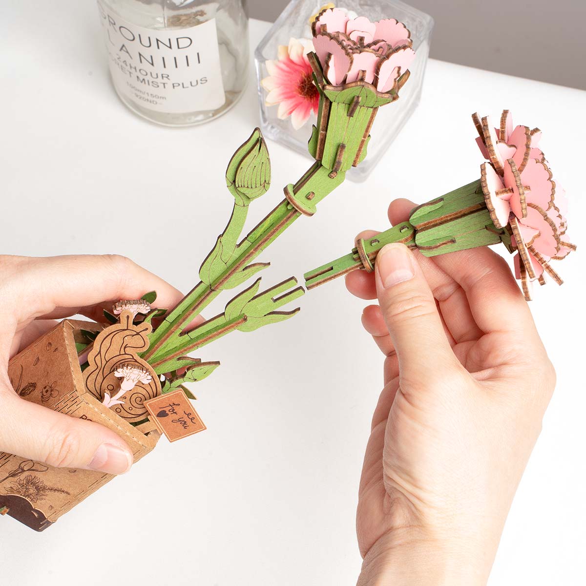 Rowood Pink Carnation DIY Wooden Flower 3D Puzzle TW051, 3D wooden DIY flower puzzle, top-down view