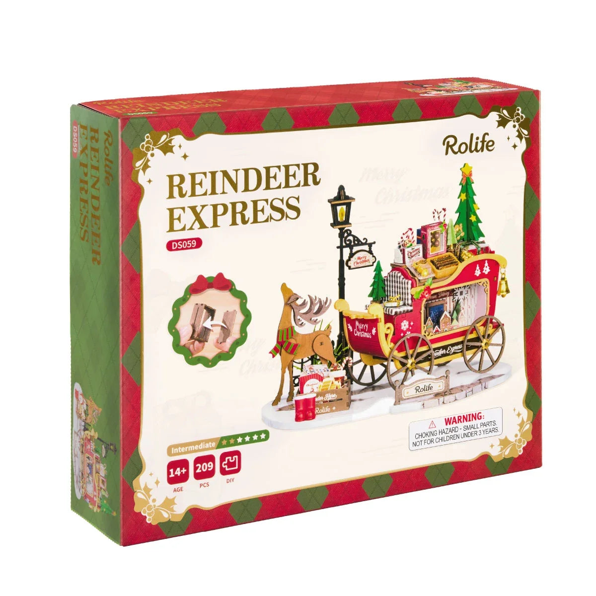 Vorderseite der Rolife Reindeer Express DS059 Box mit rot-goldener Miniatur-Weihnachtskutsche, Rentier, Laternenpfahl, Baum und Geschenken sowie Angaben 14+, 209 Teile und mittlerer Schwierigkeitsgrad.