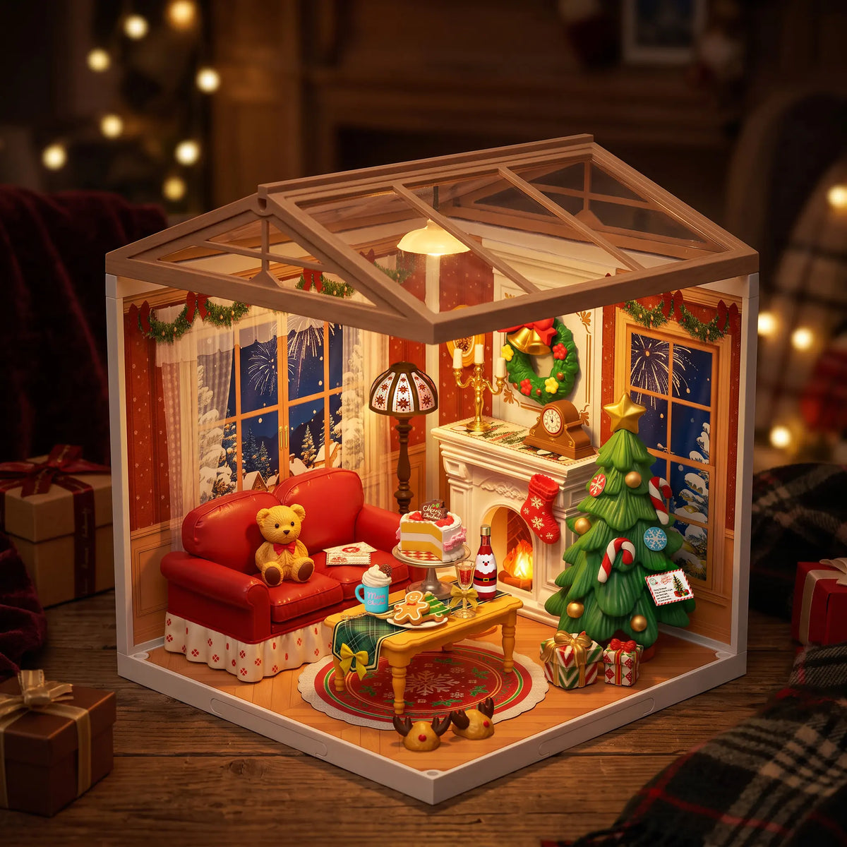 Rolife-Miniaturdiorama eines Weihnachtswohnzimmers mit rotem Sofa, Teddybär, geschmücktem Baum, Kamin und leuchtender Lampe auf Holz mit verpackten Geschenken.