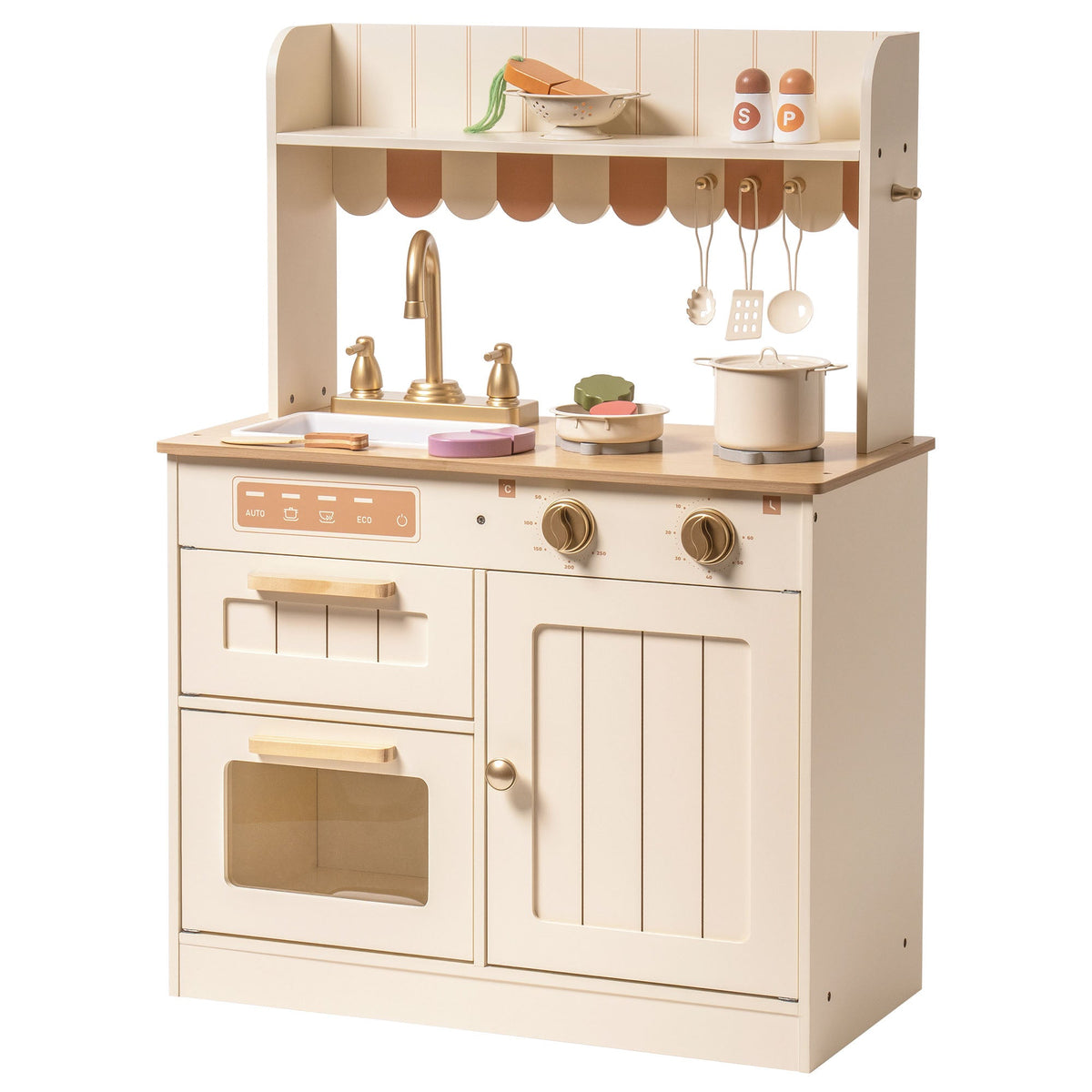Robud kids kitchen playset showing side panel with colorful knobs and oven compartment detail.