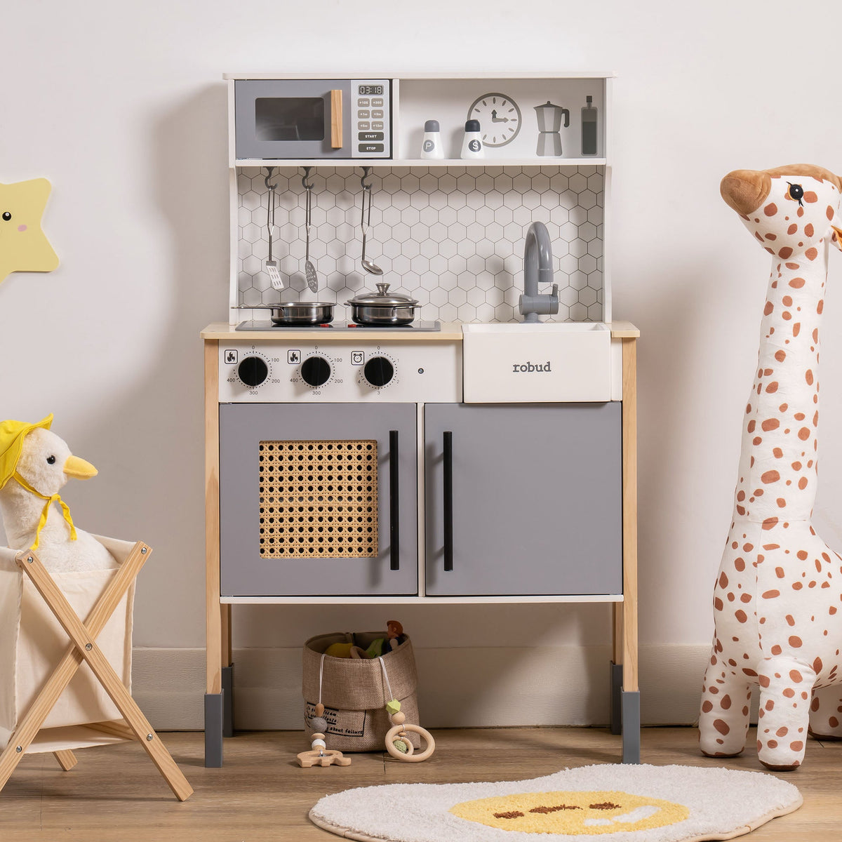 Robud modern vintage kitchen toy in grey and rattan with microwave, oven and sink on white background