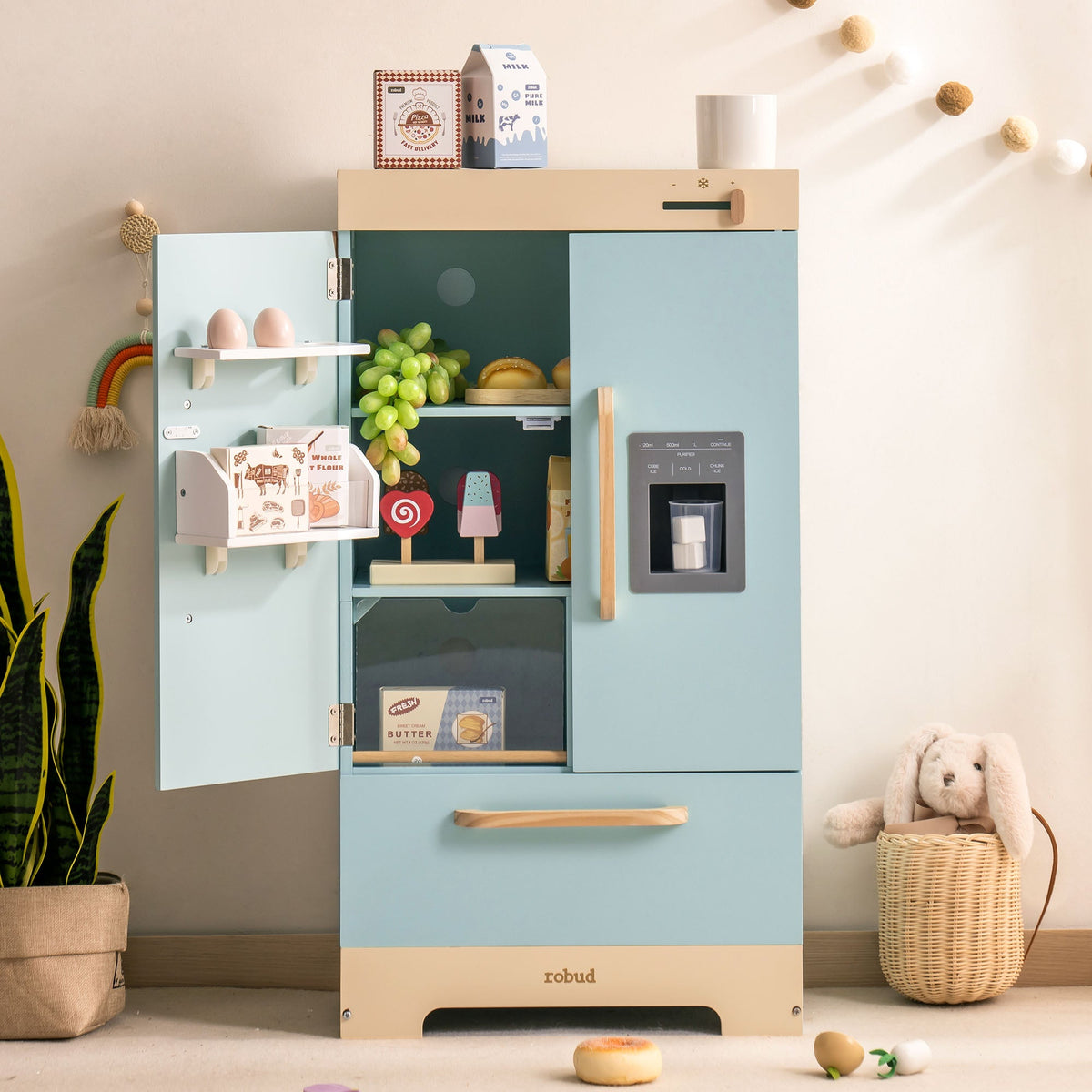 Robud green kitchen playset refrigerator in mint blue with open door showing shelves and toy food inside