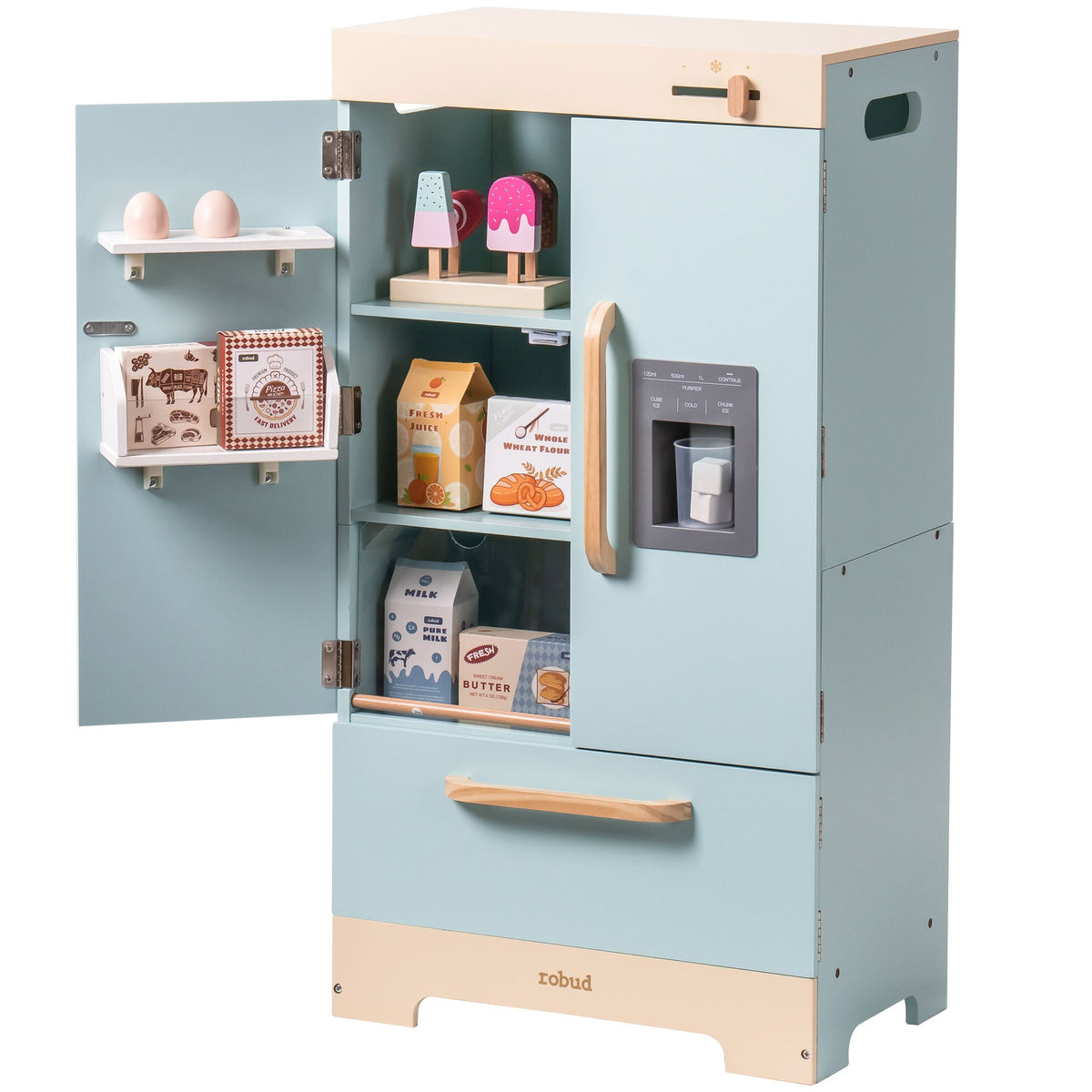 Robud Wooden Play Fridge Freezer Set for Kids 3D wooden model kit, hands assembling laser-cut wooden pieces