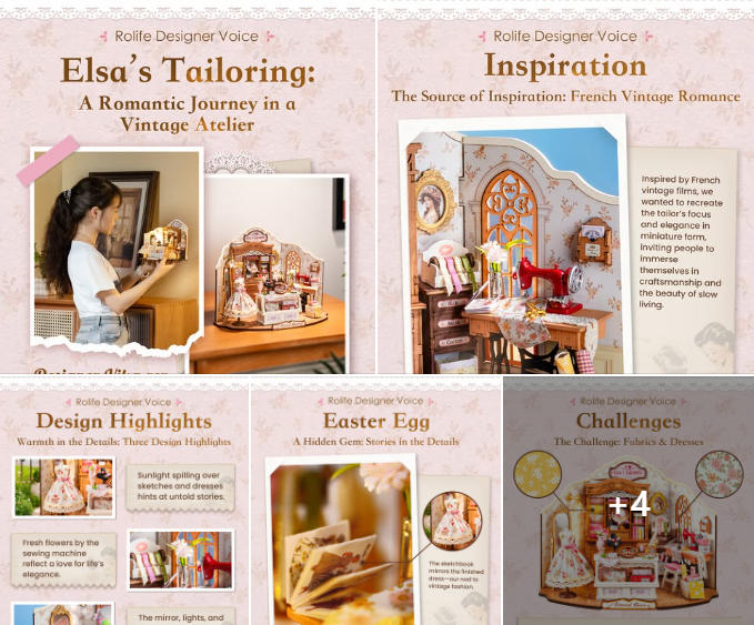 Rolife Designer Voice newsletter layout featuring Elsas Tailoring vintage atelier story with inspiration section and kit photos.