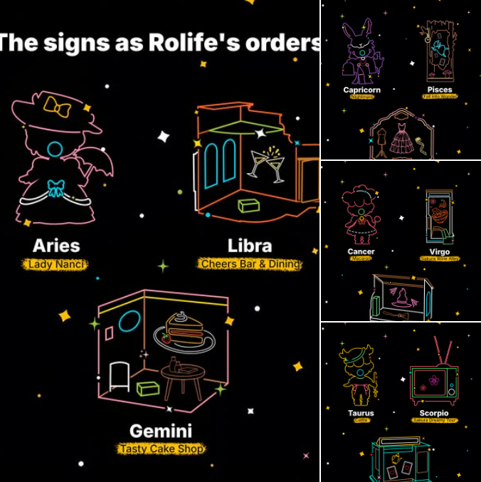 Social media post showing zodiac constellation line art titled The Signs as Rolife Orders with neon outlines on a dark starfield.