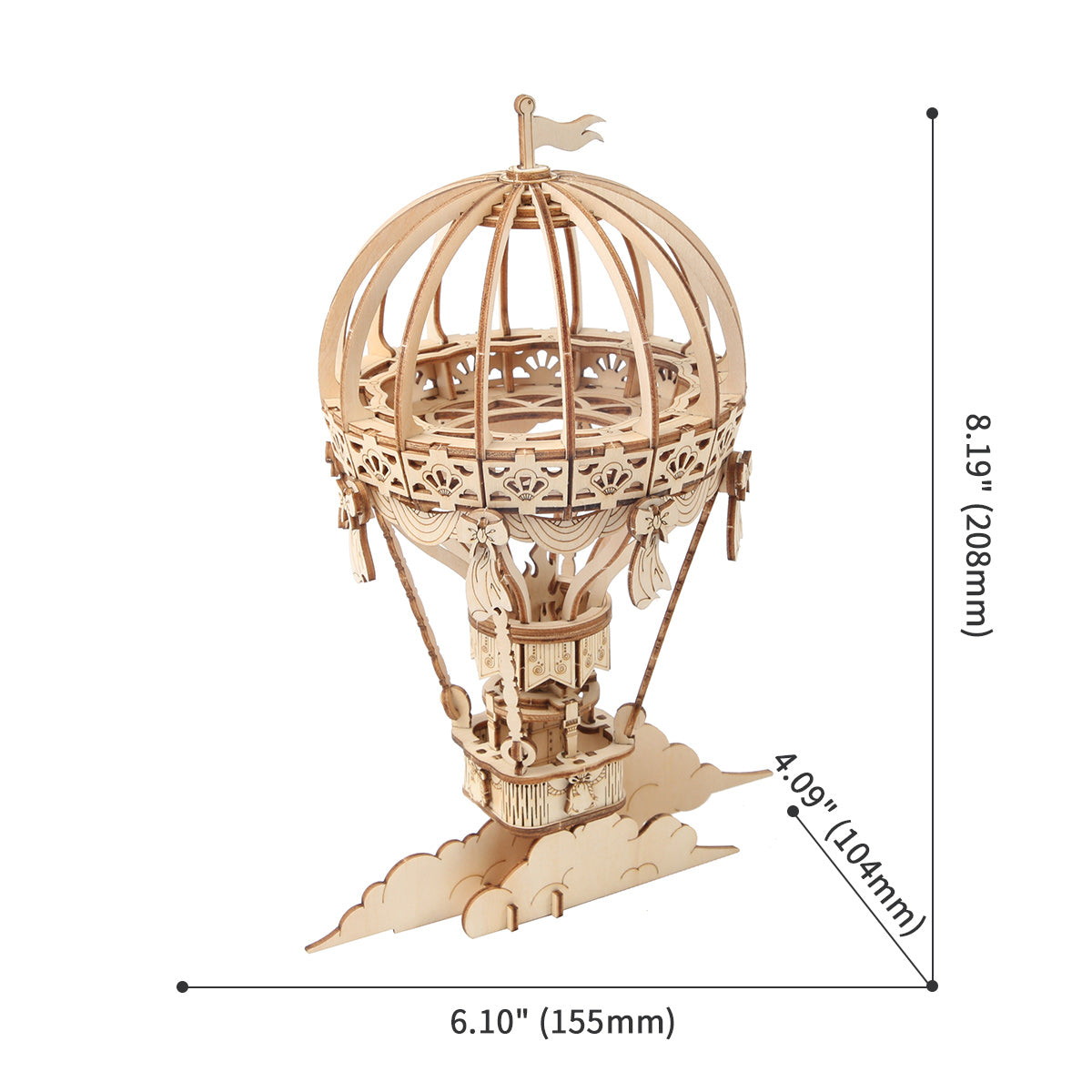 Rolife hot air balloon 3D wooden puzzle TG406 with dimension callouts showing 8.19 inch assembled height