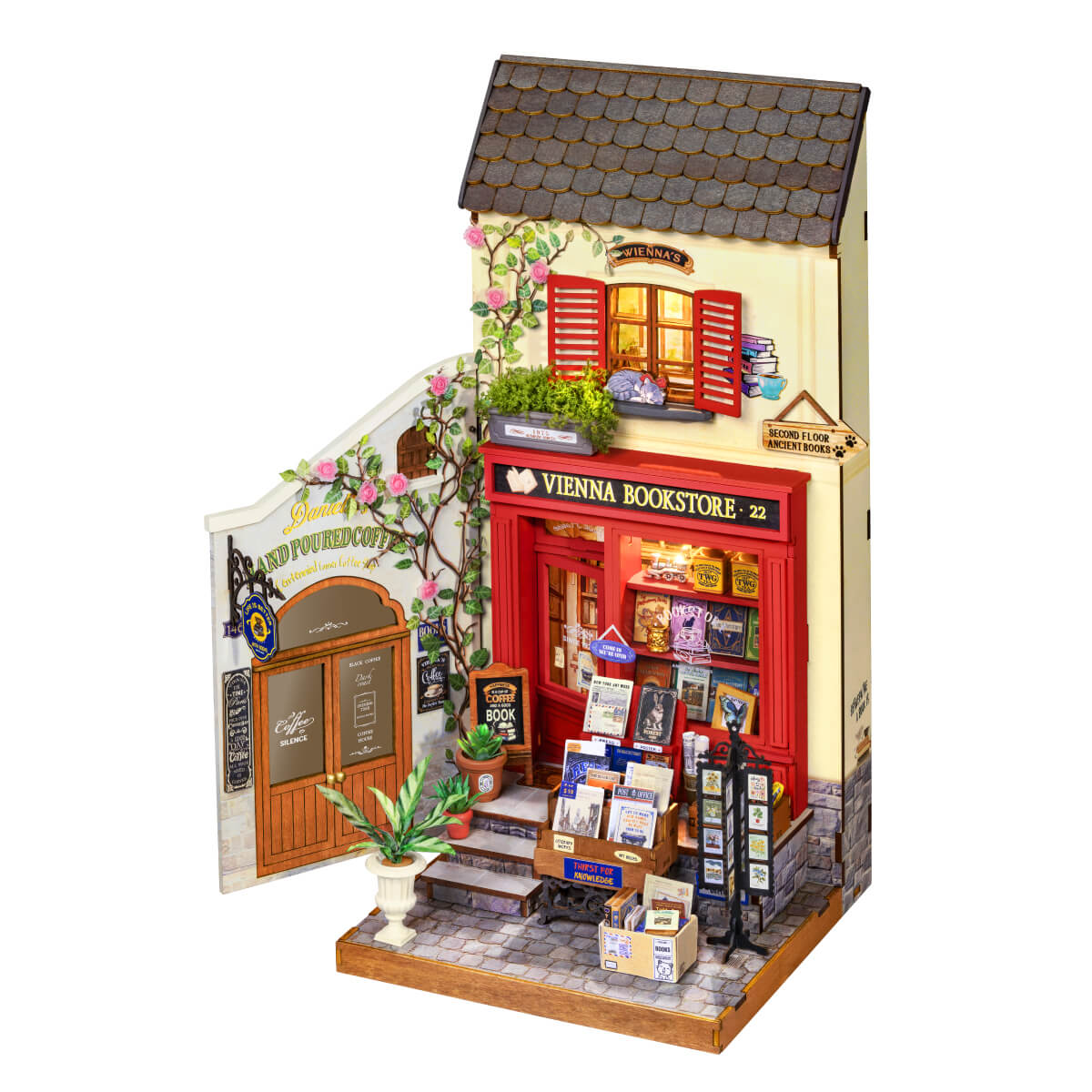 Rolife Vienna Bookstore Miniature House DG183 DIY miniature house kit, product front view on neutral background