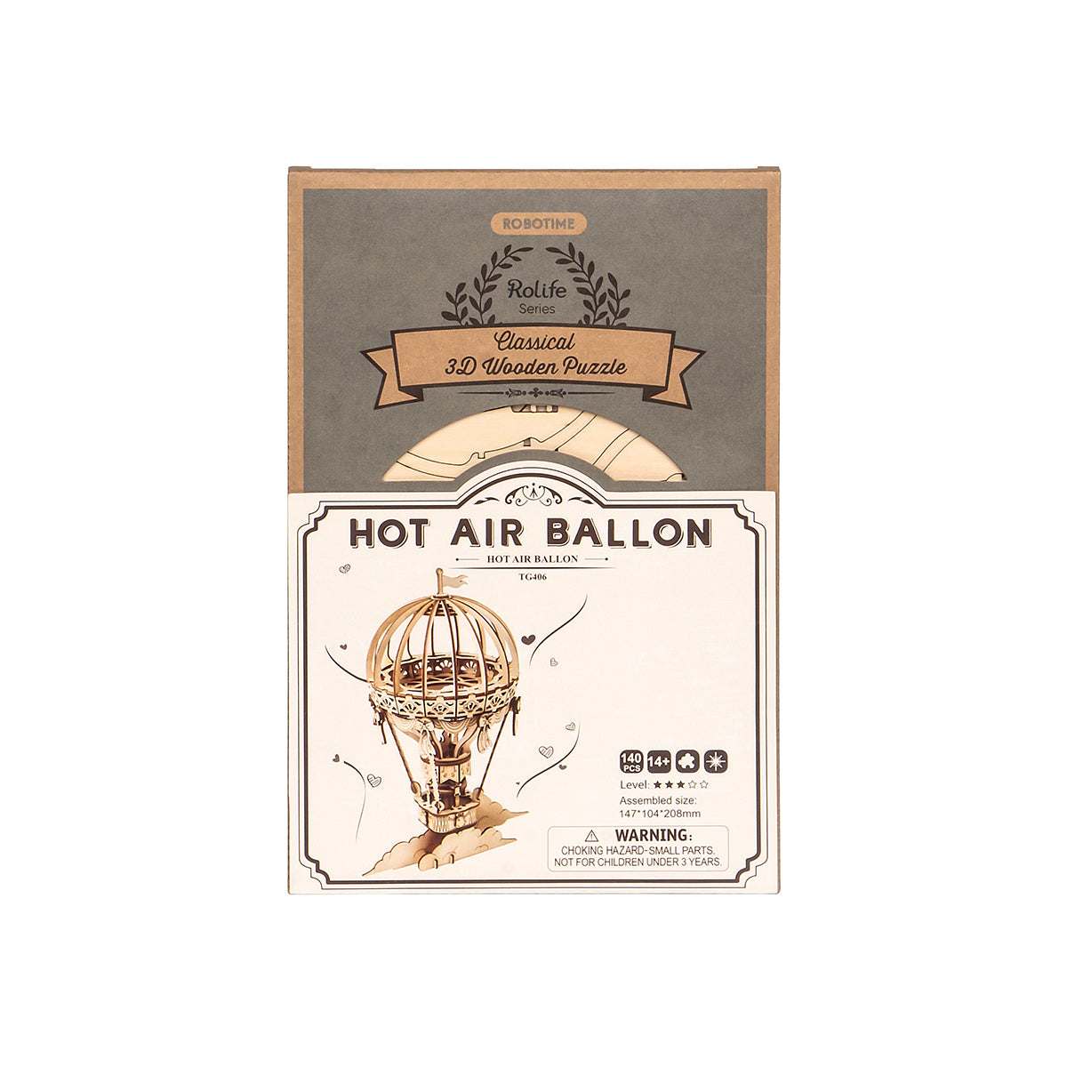 Rolife hot air balloon 3D wooden puzzle product box with engraved balloon sketch and warning label
