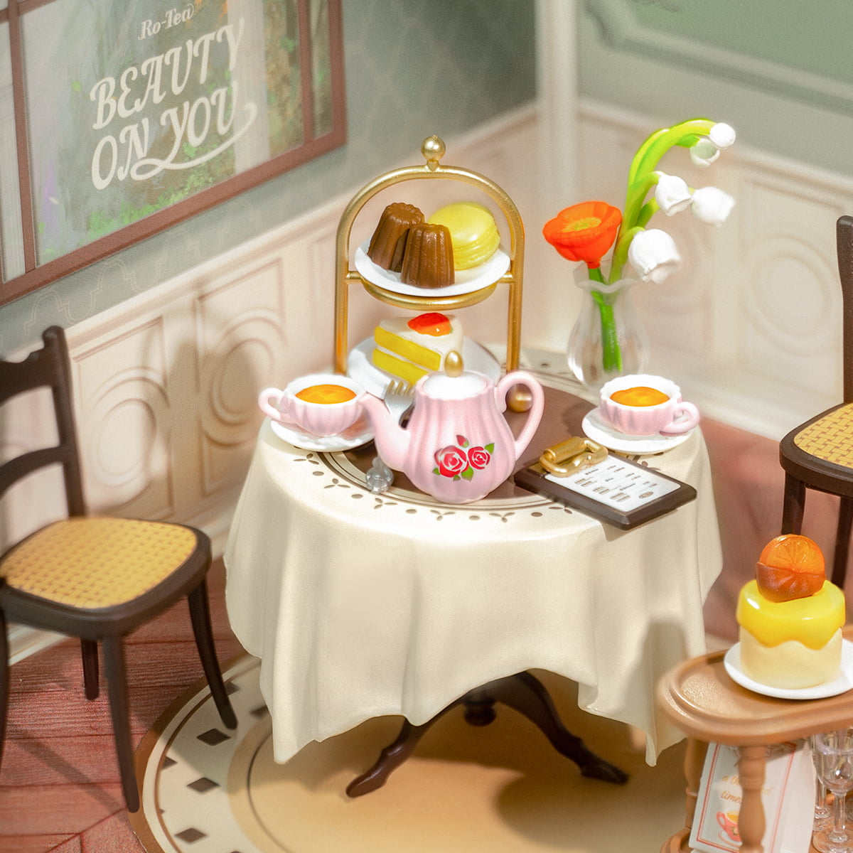 Rolife Sweet Sips Tea DW011 DIY book nook miniature kit, hands assembling laser-cut wooden pieces