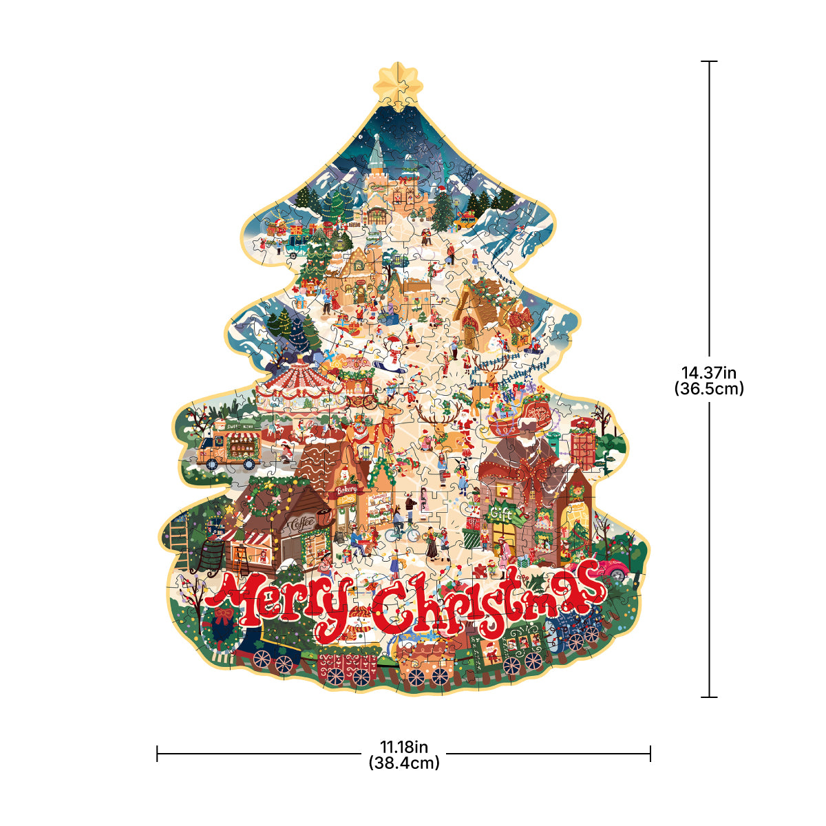 Rowood Christmas Town TA007 wooden puzzle completed showing Merry Christmas village scene with dimensions 14.37 by 11.18 inches