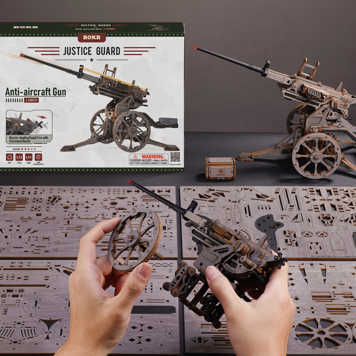 ROKR Anti-aircraft Gun Wooden 3D Puzzle LQM01 3D wooden puzzle model, styled lifestyle scene with model assembled