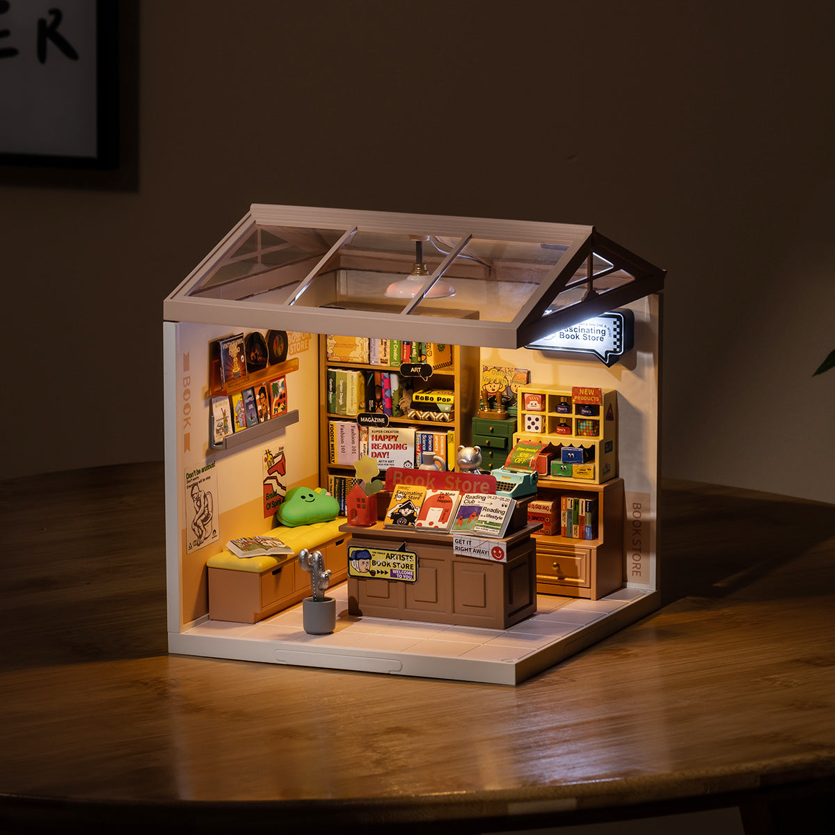 Rolife Super Creator Fascinating Book Store DW004 DIY book nook miniature kit, back view highlighting structural detail