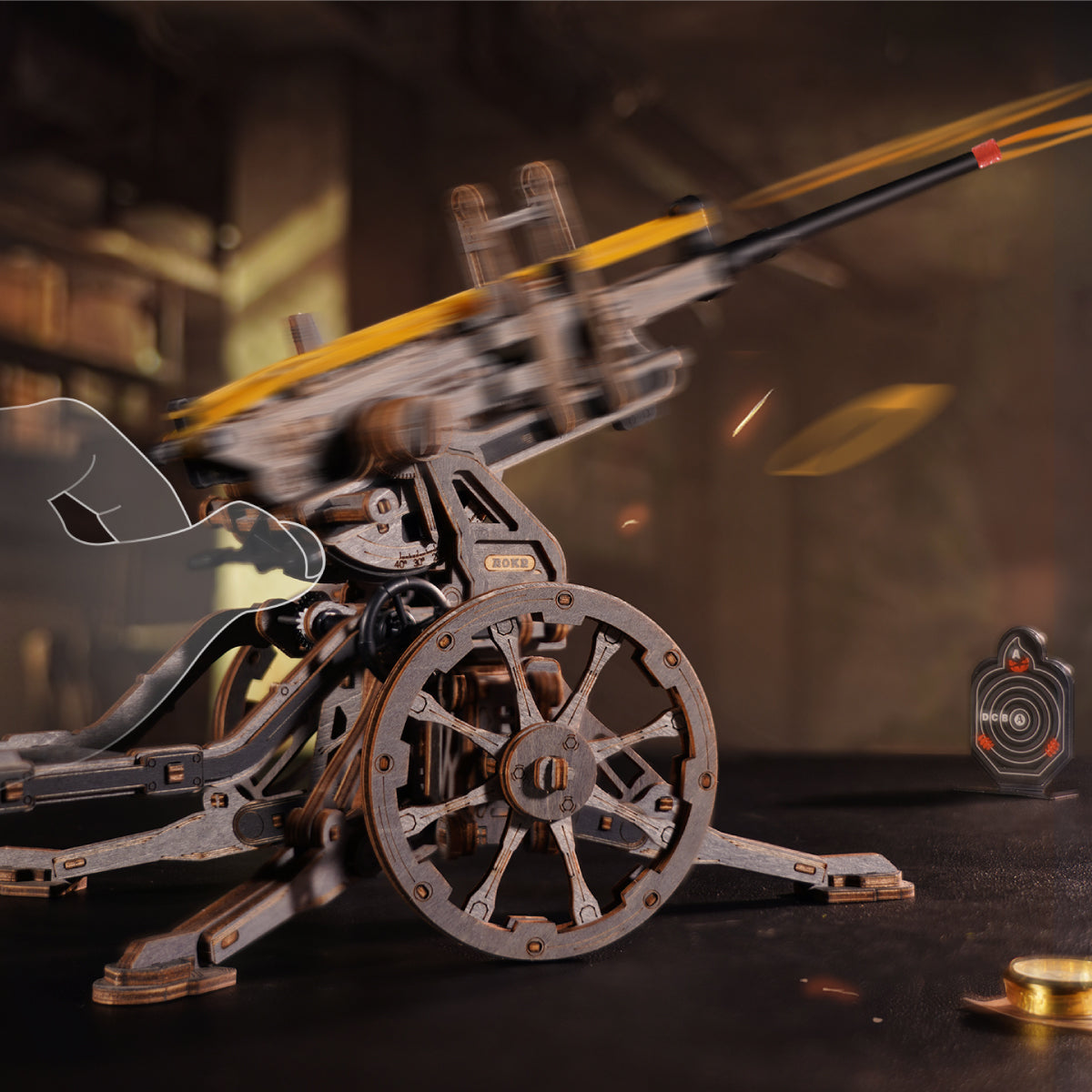 ROKR Anti-aircraft Gun Wooden 3D Puzzle LQM01 3D wooden puzzle model, close-up of interior components and accessories