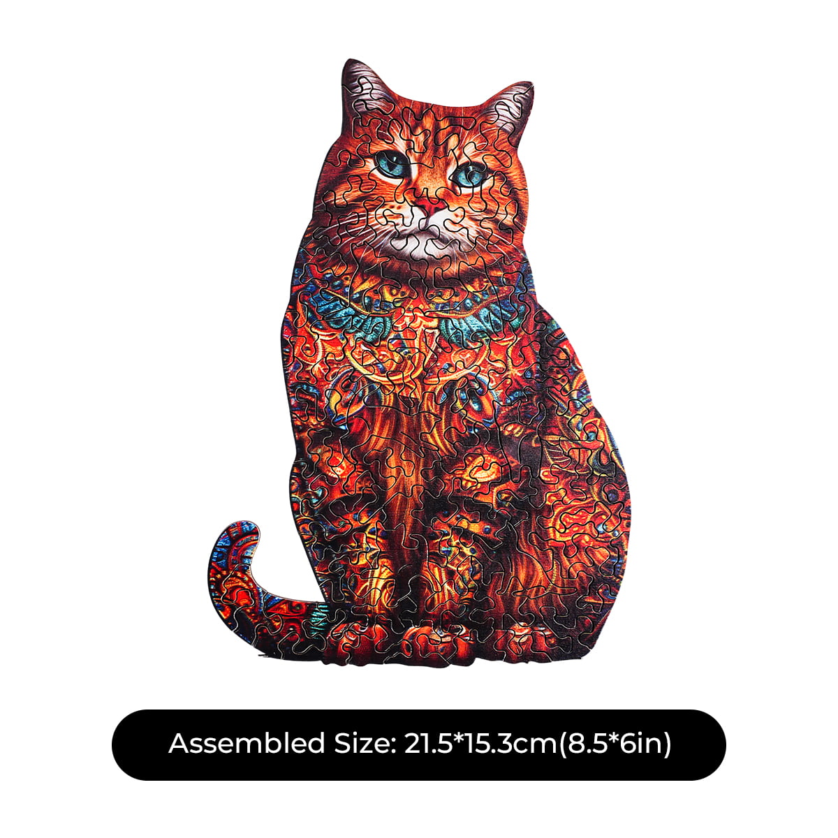 Robotime Exotic Cat wooden jigsaw assembled silhouette with assembled size label showing 21.5 by 15.3 cm dimensions below the finished cat form