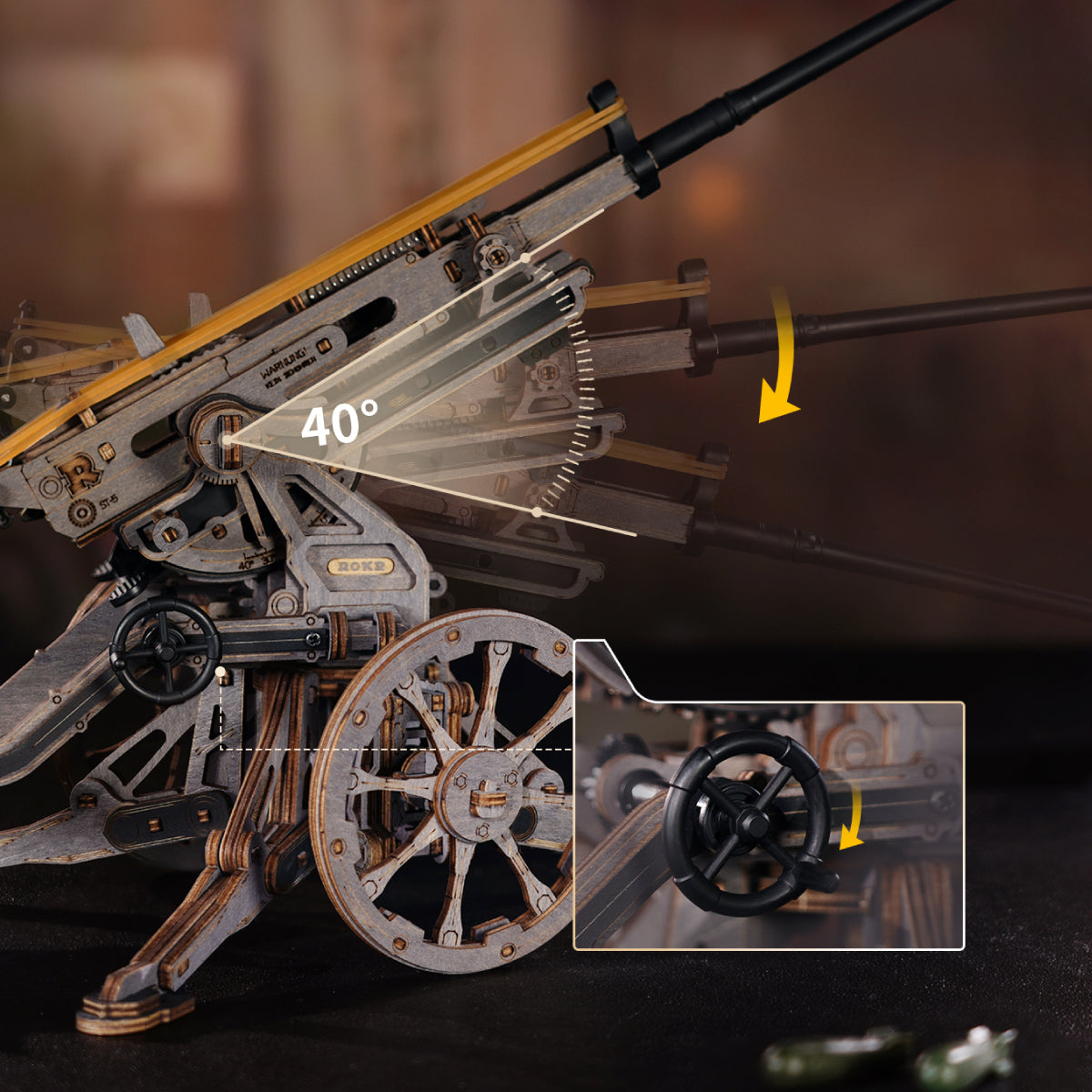 ROKR Anti-aircraft Gun Wooden 3D Puzzle LQM01 3D wooden puzzle model, top-down view of layout and arrangement
