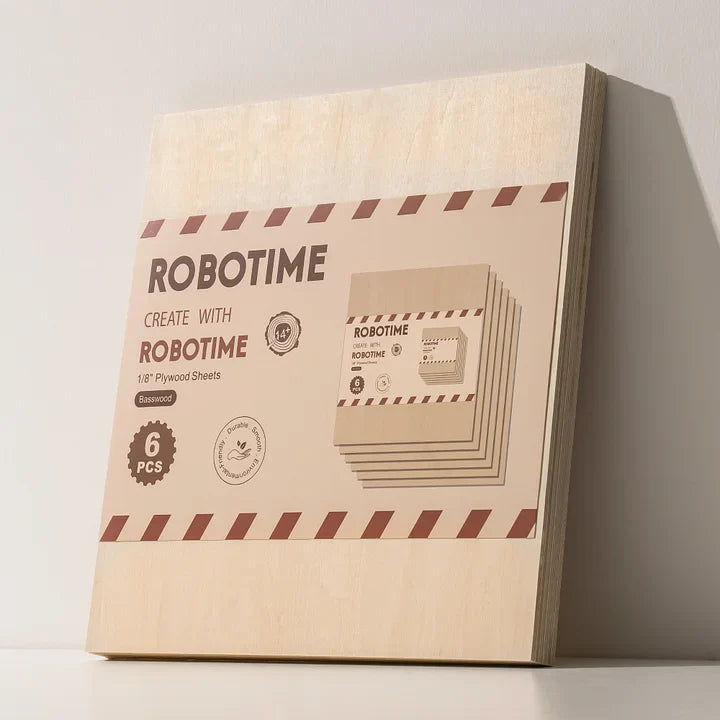 Robotime stack of six pale birch plywood sheets with red dashed-border label on top, leaning against white wall