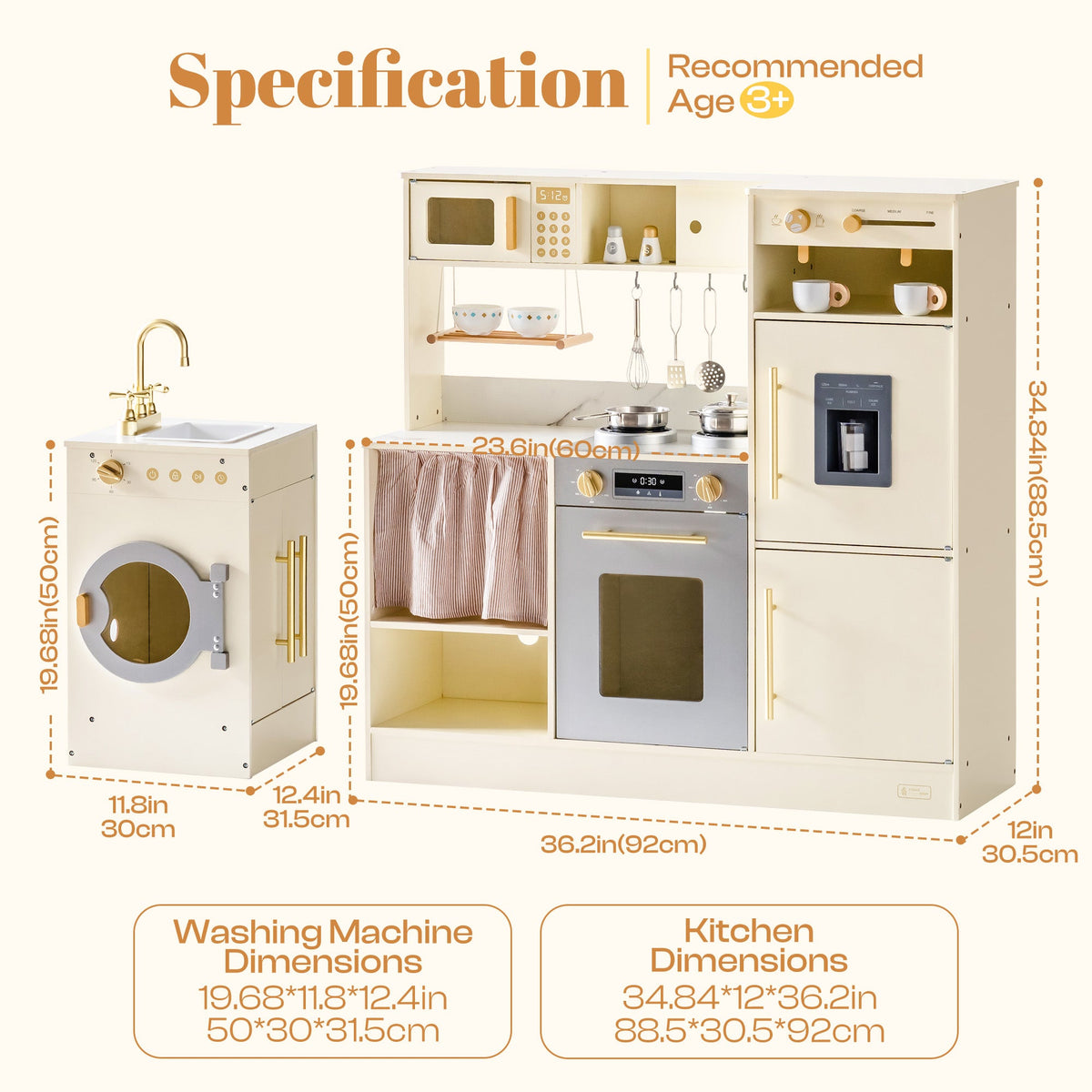 ROBUD corner kitchen playset specification diagram showing washing machine and kitchen unit dimensions for ages 3 plus.