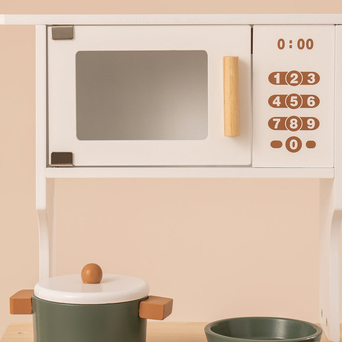 ROBUD vintage green wooden play kitchen WCF04 close-up of white microwave and oven with wooden knob controls