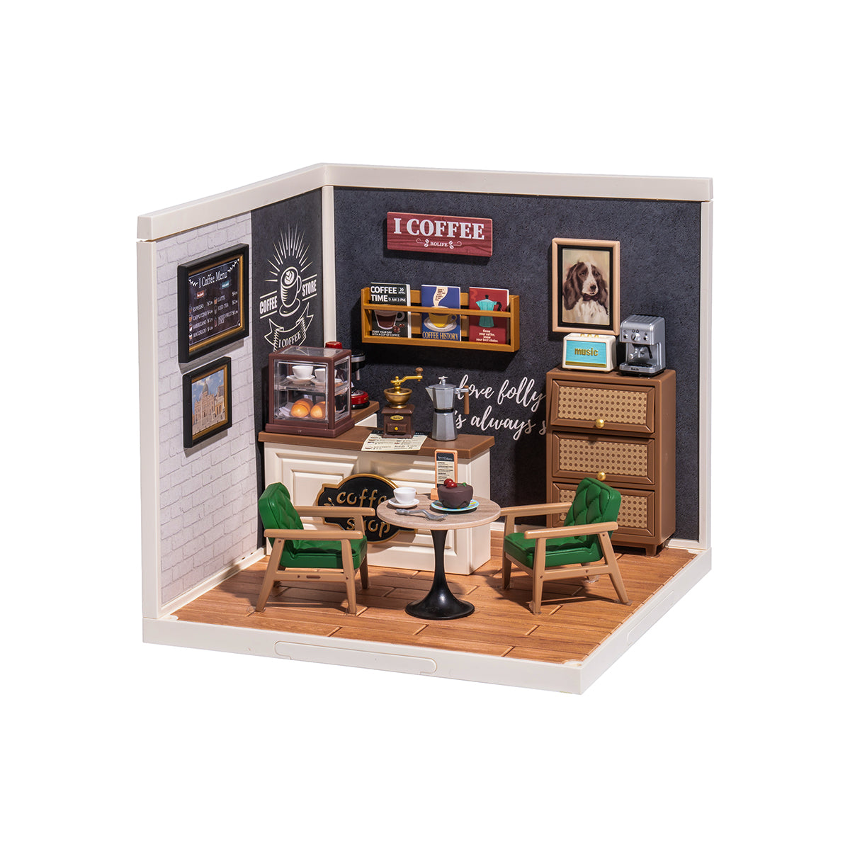 Rolife Super Creator DIY miniature coffee shop room with chalkboard wall, green chairs, wooden counter, and cafe decor details