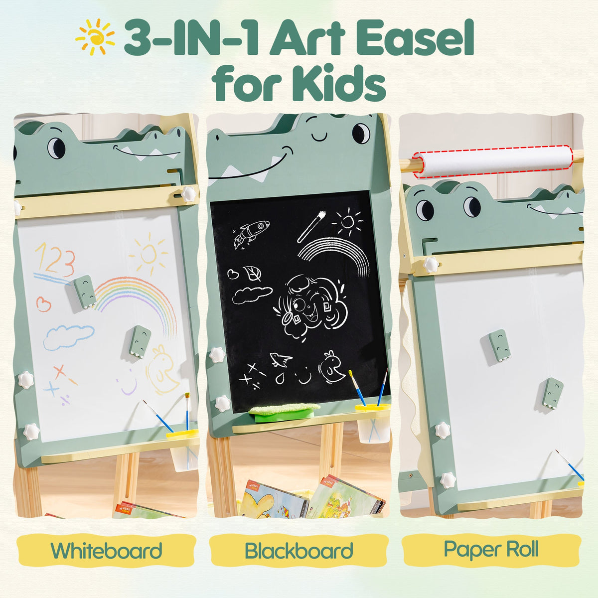 ROBUD Wooden Crocodile Easel 3-in-1 art easel for kids showing whiteboard, blackboard and paper roll functions