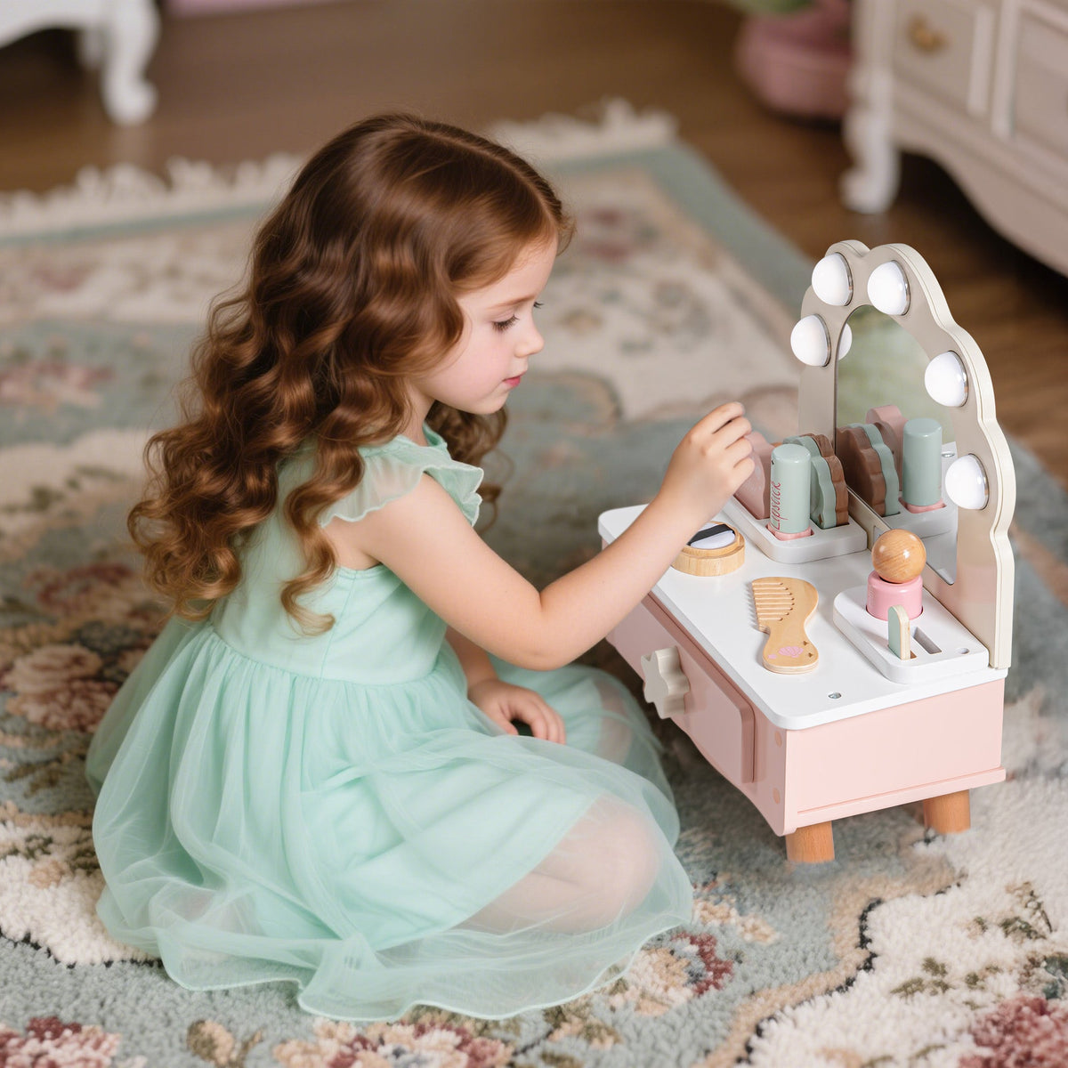 Girl in a mint tulle dress sits beside the ROBUD pink wooden vanity on a floral rug, holding a wooden play makeup item.