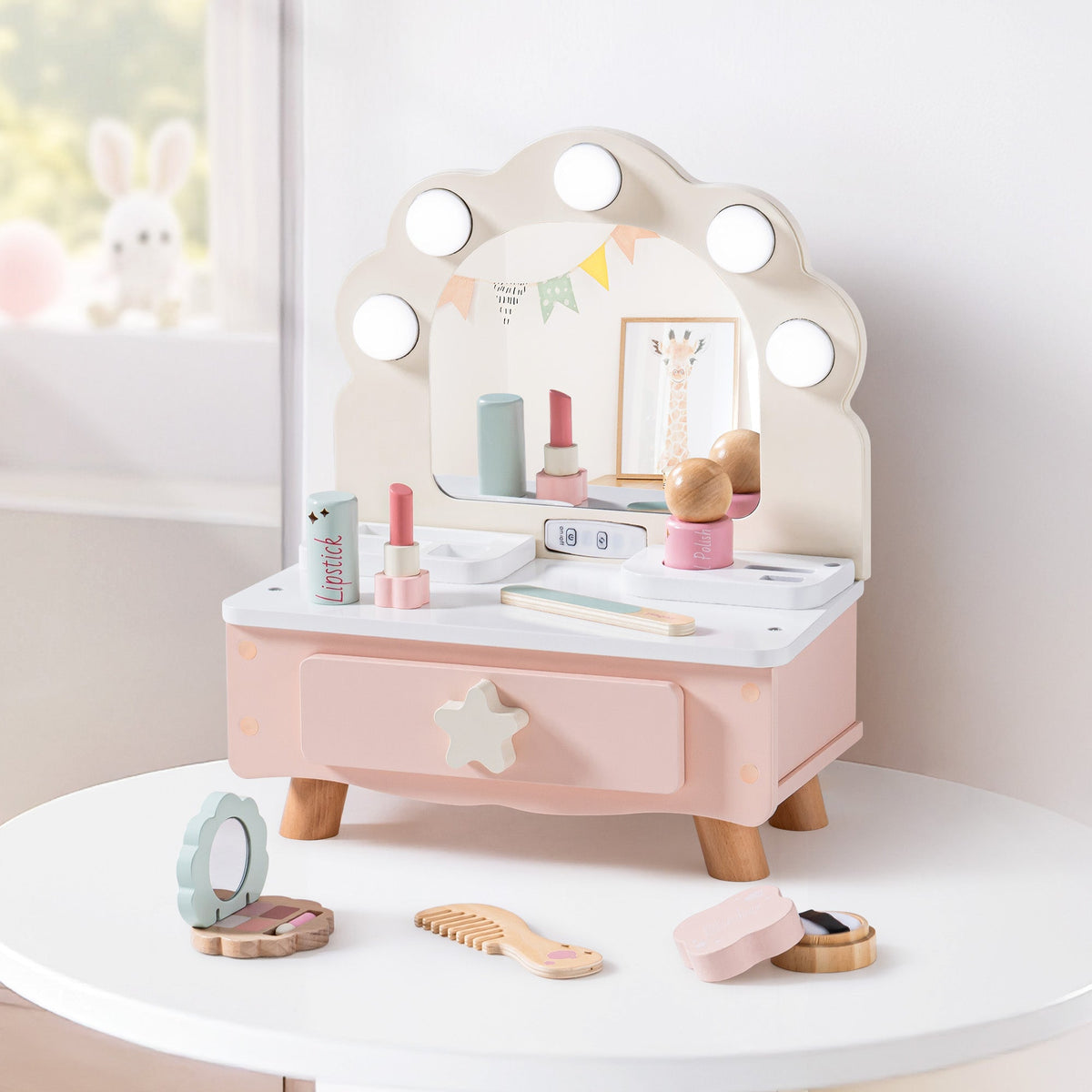 ROBUD pink shell-arc wooden vanity on a white table with lighted mirror and wooden makeup accessories neatly arranged.