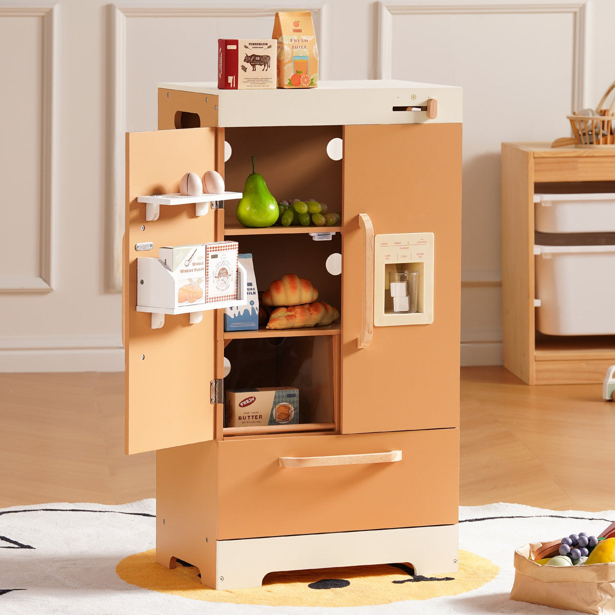 ROBUD Caramel Kids Kitchen Playset Series complete room setup with kitchen, fridge and washer arranged in a warm nursery