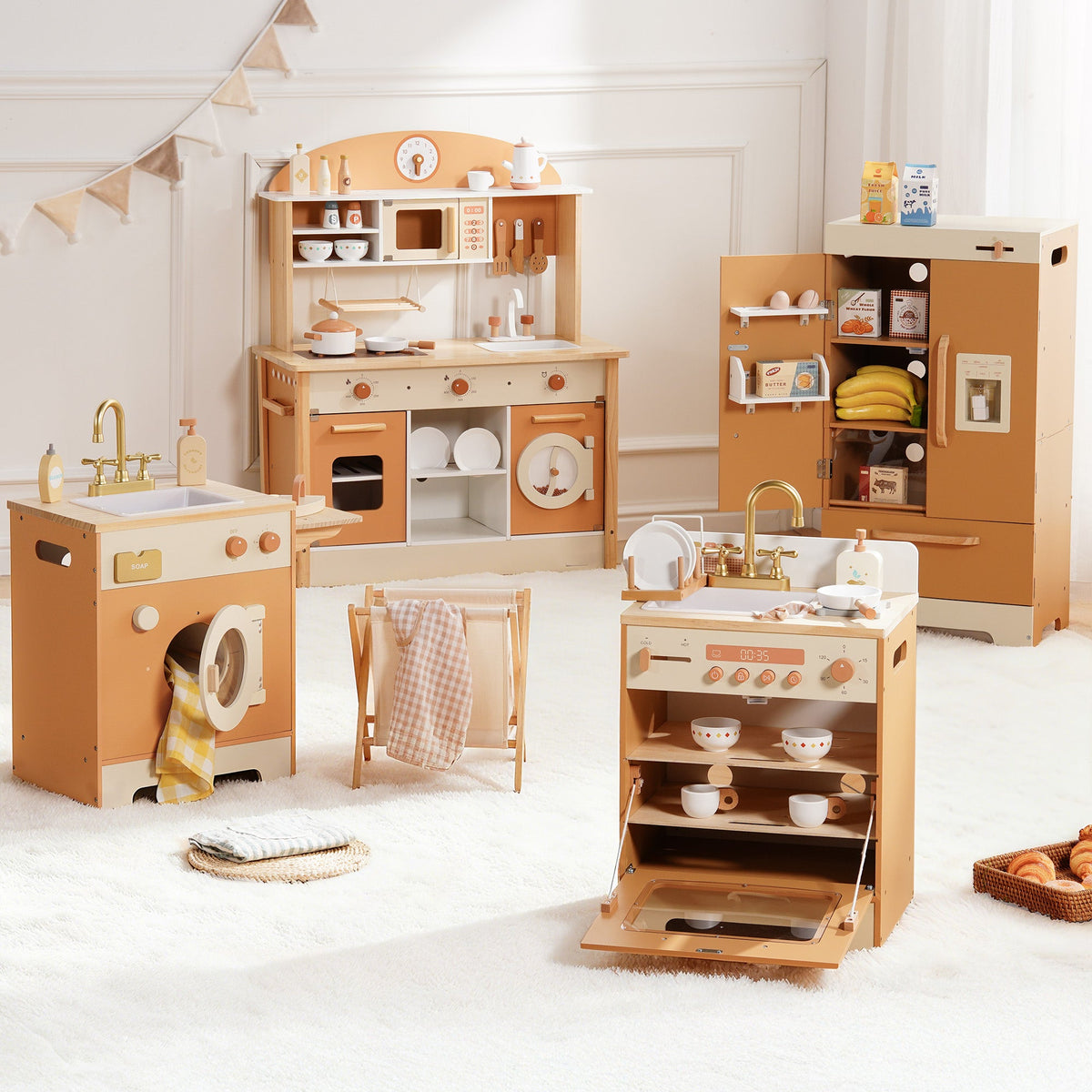 ROBUD Caramel Wooden Kids Kitchen Series lifestyle showing kitchen and refrigerator set together in a warm Scandinavian nursery