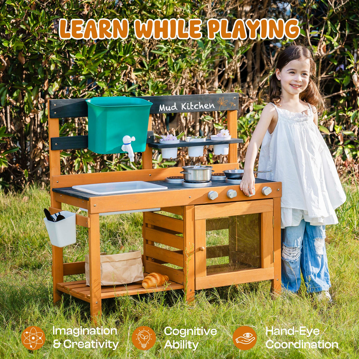 ROBUD Outdoor Mud Kitchen learn while playing scene showing girl at outdoor station with imagination, cognitive ability and hand-eye coordination skill icons