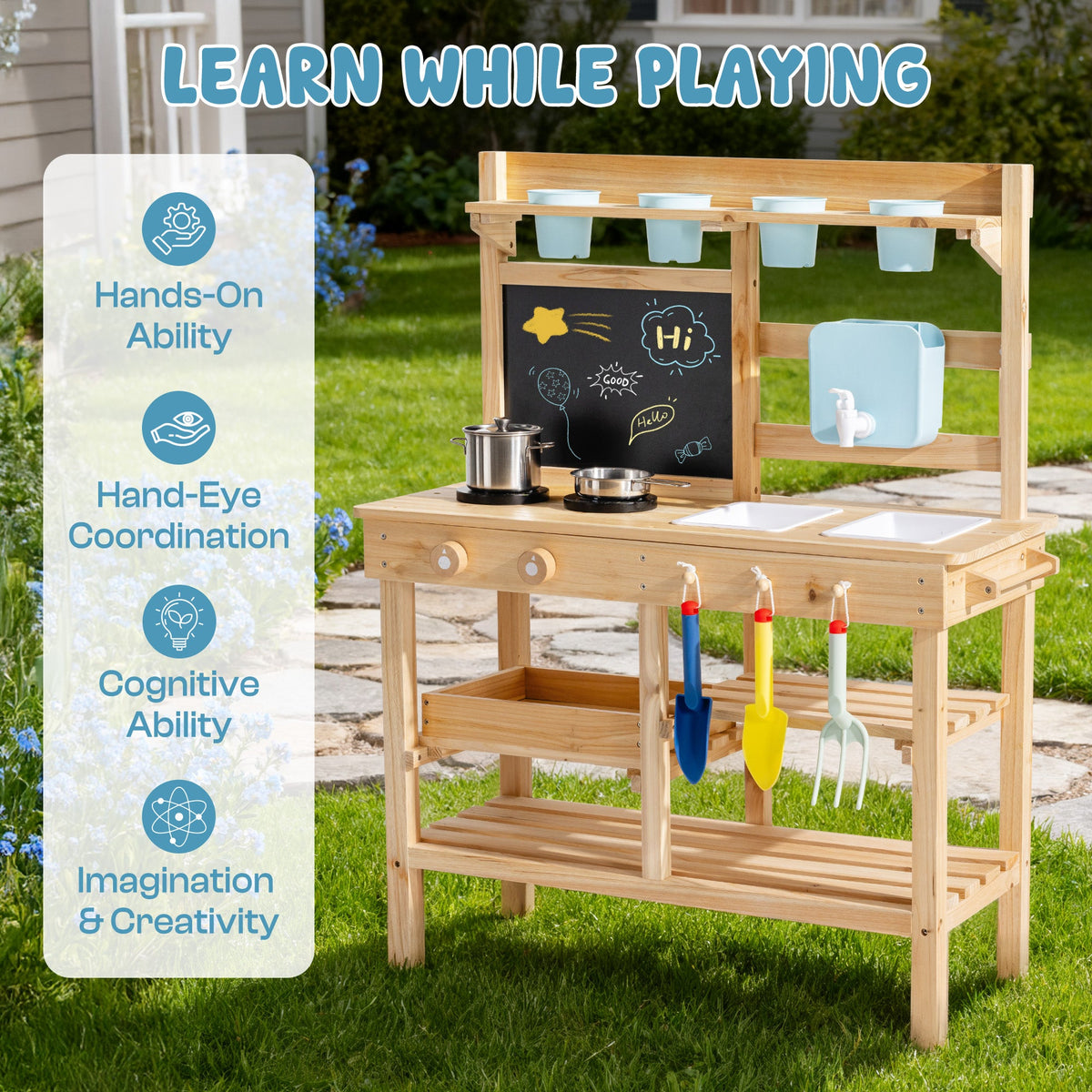 ROBUD Outdoor Garden Mud Kitchen learn while playing view with skill icons for hands-on ability, hand-eye coordination, cognitive ability and imagination