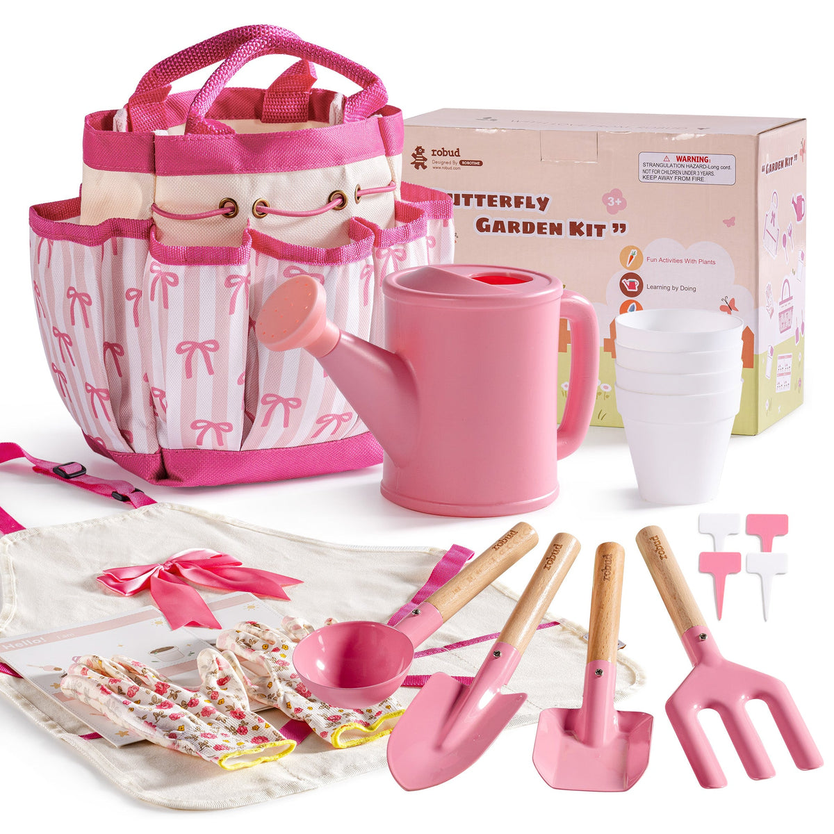 ROBUD Kids Gardening Set pink butterfly series flat lay showing tote bag, apron, hat, watering can, tools, gloves, pots and magnifying glass