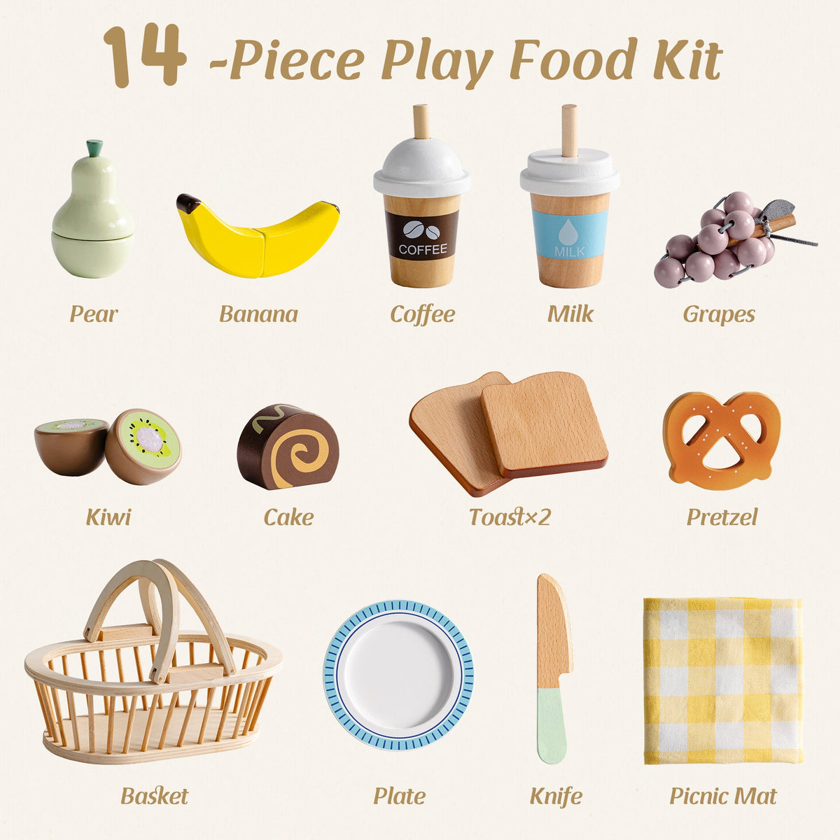 ROBUD Kids Wooden Picnic Play Food Set showing 14-piece set contents including pear, banana, coffee cup, milk, grapes, kiwi, cake, toast, pretzel, basket and plate