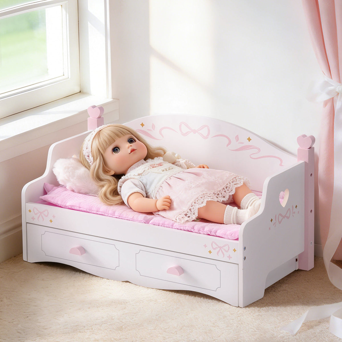 Baby doll resting on ROBUD white wooden doll sofa bed with pink lace quilt and heart cushion near a sunny window