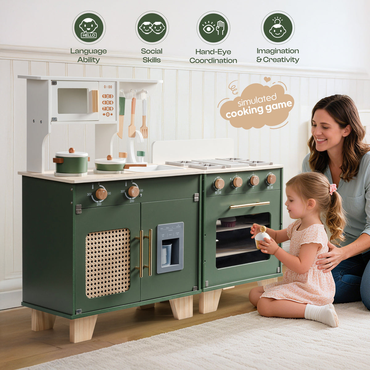 Mother and young daughter playing together at the ROBUD vintage green full-size wooden kitchen set with rattan and gold accents