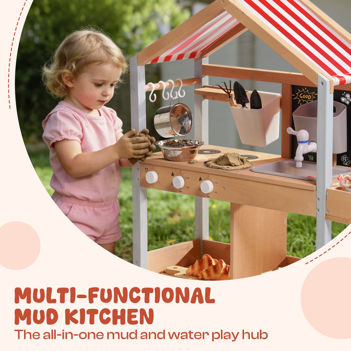 Girl playing at the ROBUD outdoor mud kitchen with accessories on a sunny day with multi-functional mud kitchen banner below