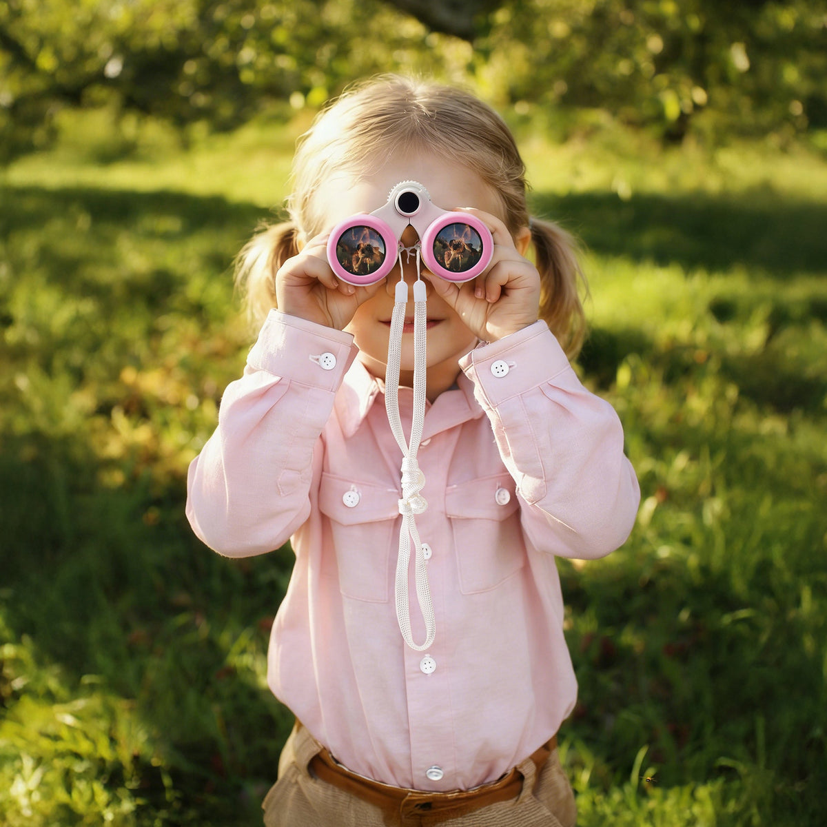 Two girls outdoors using ROBUD pink magnifying lens and aqua bug viewing container to examine a captured butterfly together
