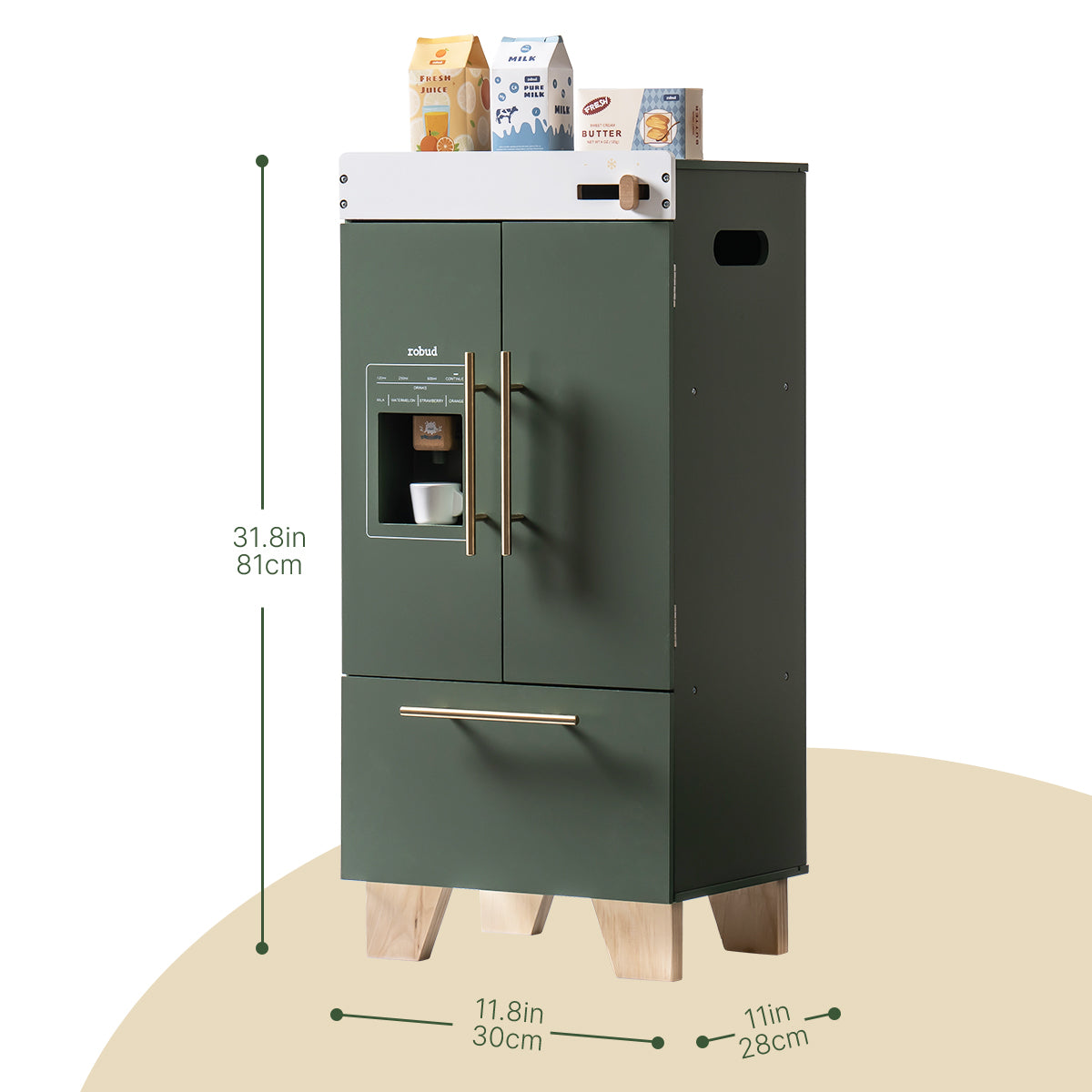 ROBUD vintage green toy refrigerator with dimension labels showing height 31.9 in and width 13.8 in.