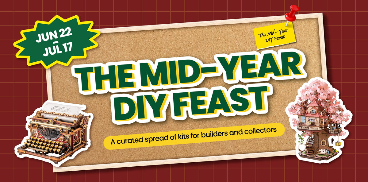 Mid-Year DIY Feast sale banner on a cork background showing two featured kits with a tagline for collectors.