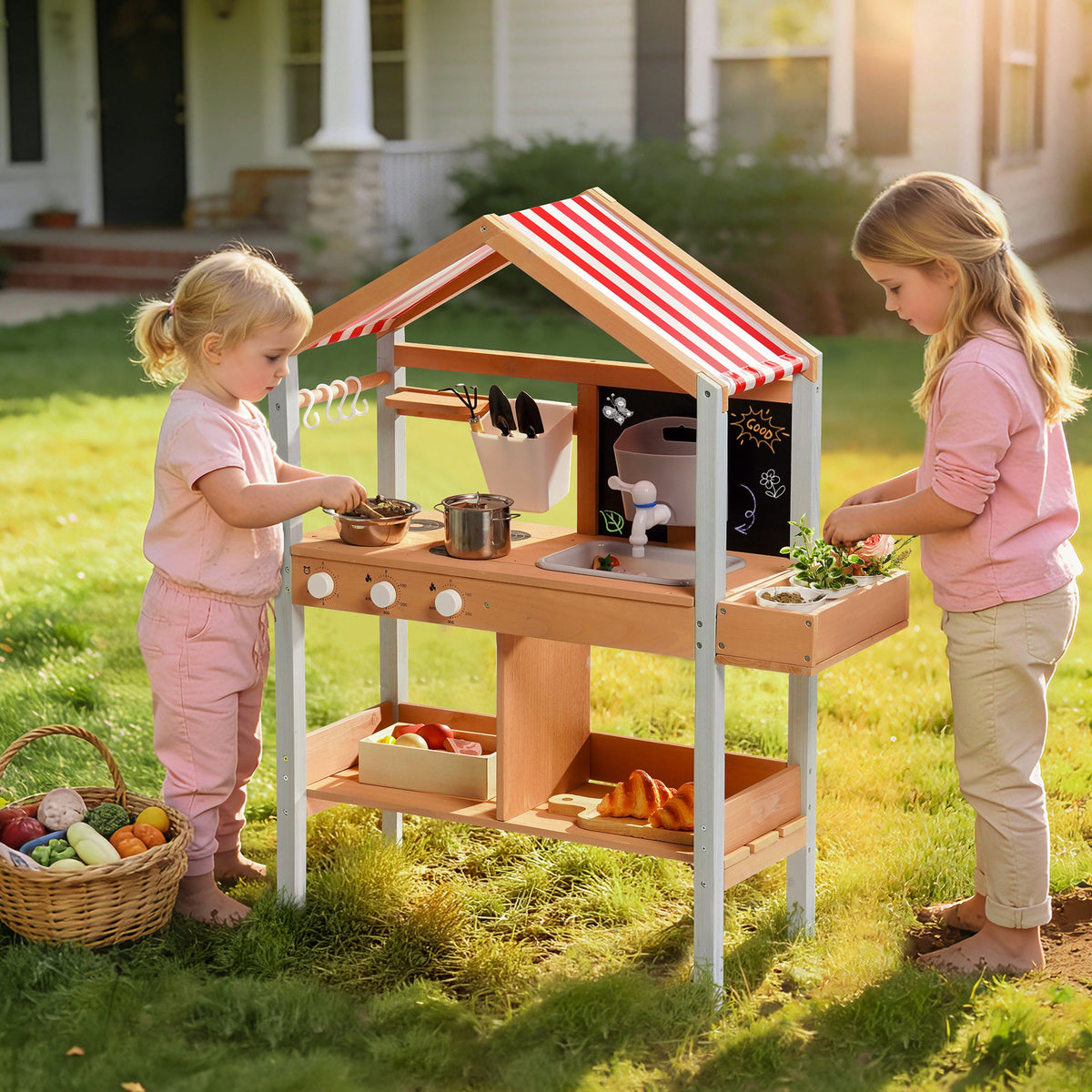 Two girls playing together at the ROBUD outdoor wooden mud kitchen with red stripe canopy on a sunny green lawn