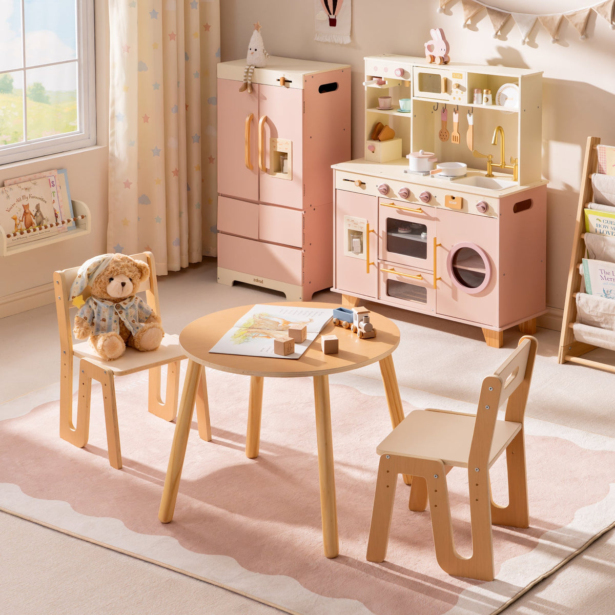 Complete ROBUD Glowwood Kitchen House set with pink refrigerator, kitchen unit, and round table shown together in a playroom.