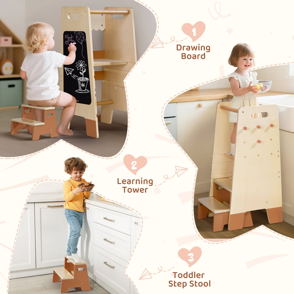 Collage of three ROBUD Toddler Standing Tower modes including drawing board, learning tower and step stool with children using each in home settings