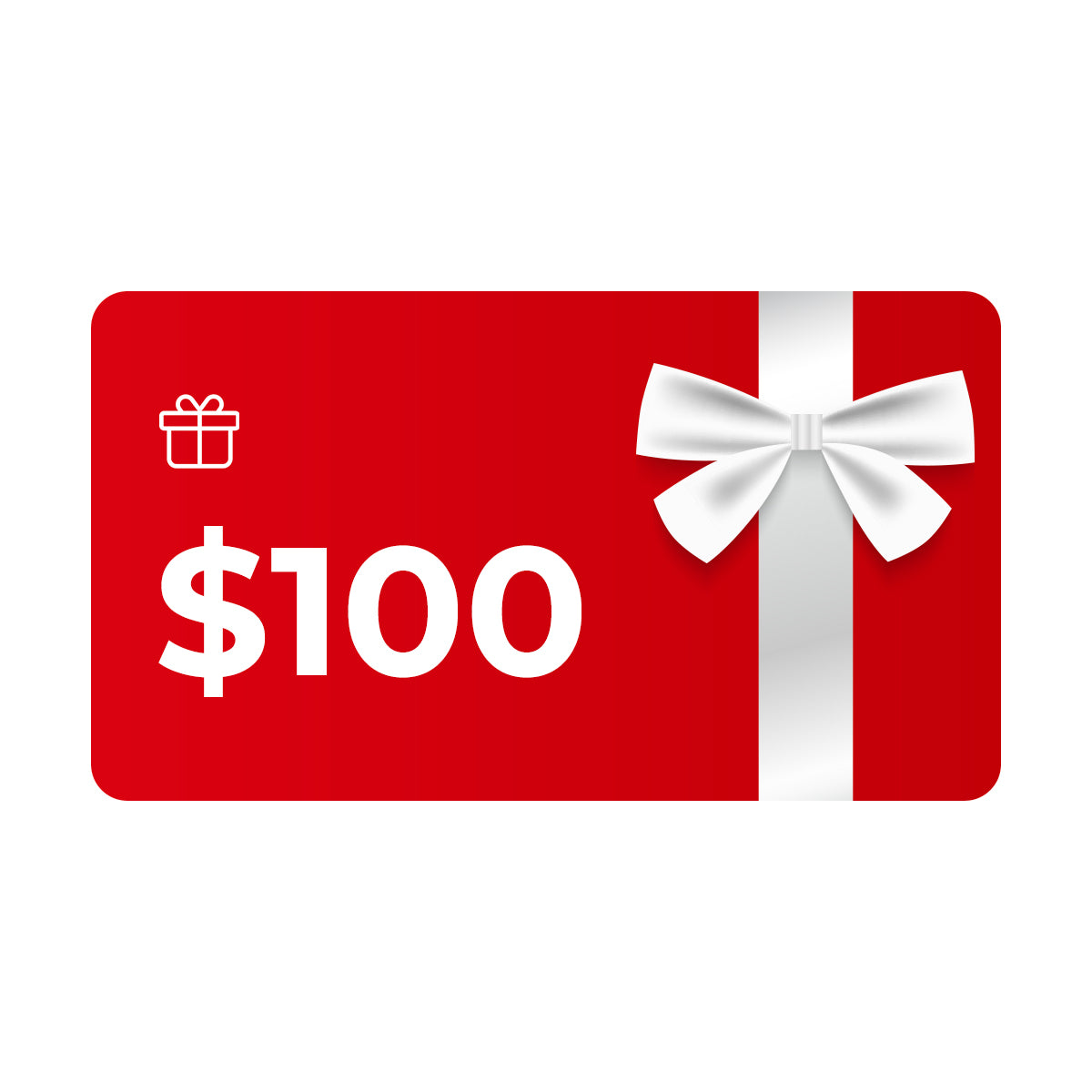 Robotime digital gift card showing a red card with a white satin bow and the denomination $100 in bold white text, suitable for gifting any Robotime product.