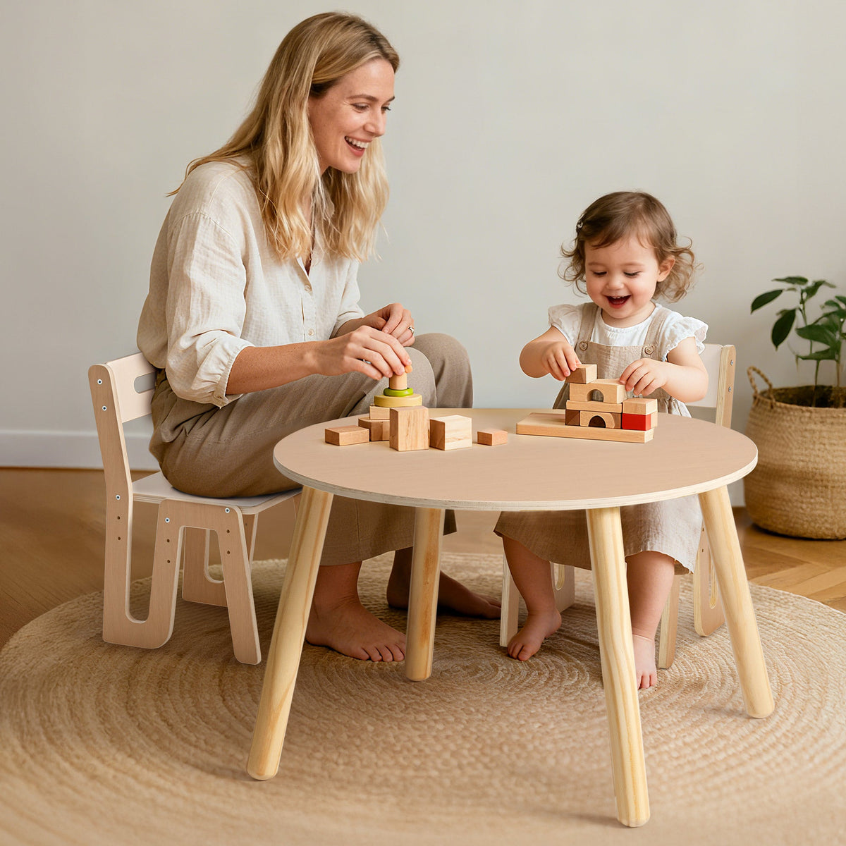 Mother kneels beside her baby at the ROBUD beech round kids table, both playing with wooden stacking blocks together.