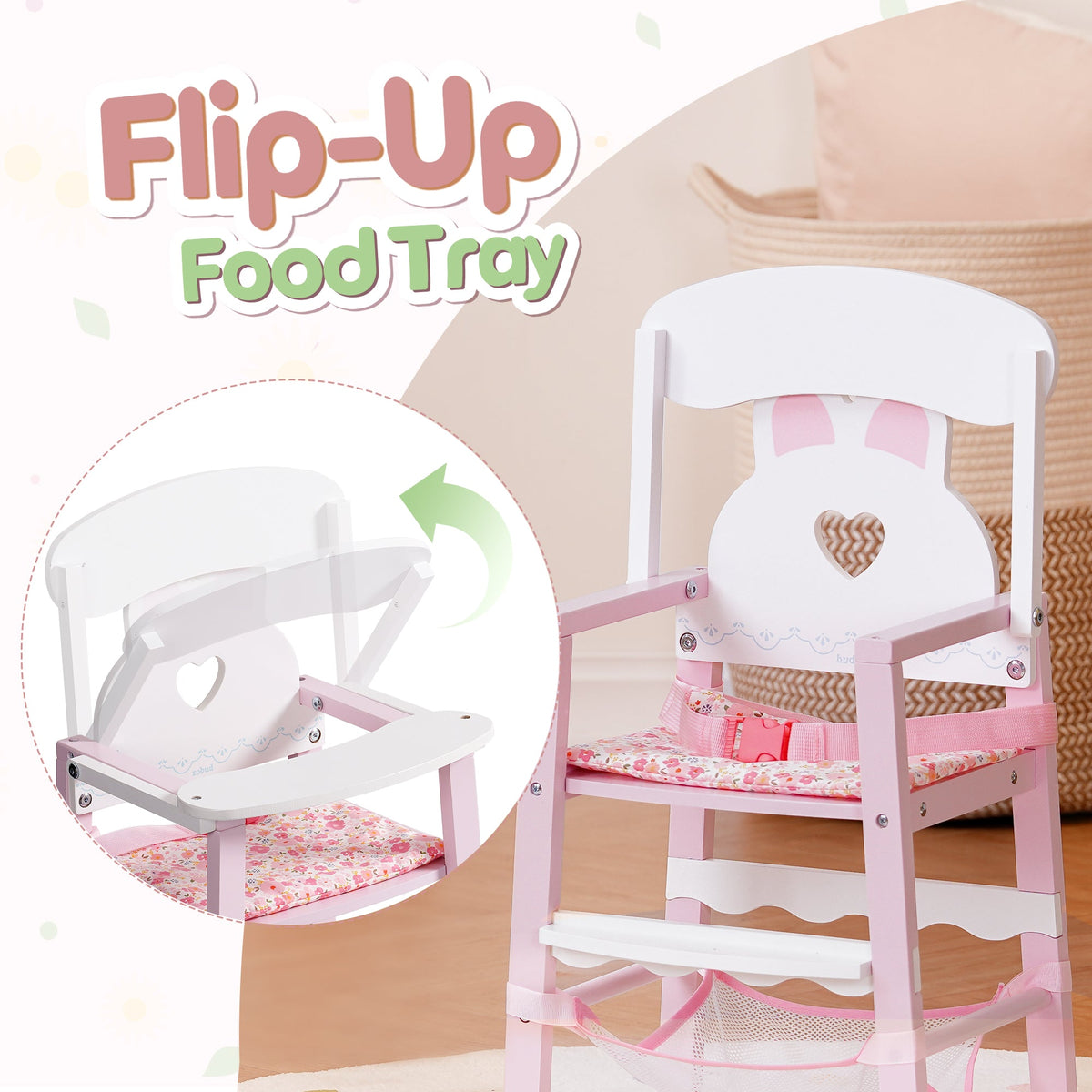 Close-up of the ROBUD pink doll high chair demonstrating the flip-up food tray for easy doll seating access.