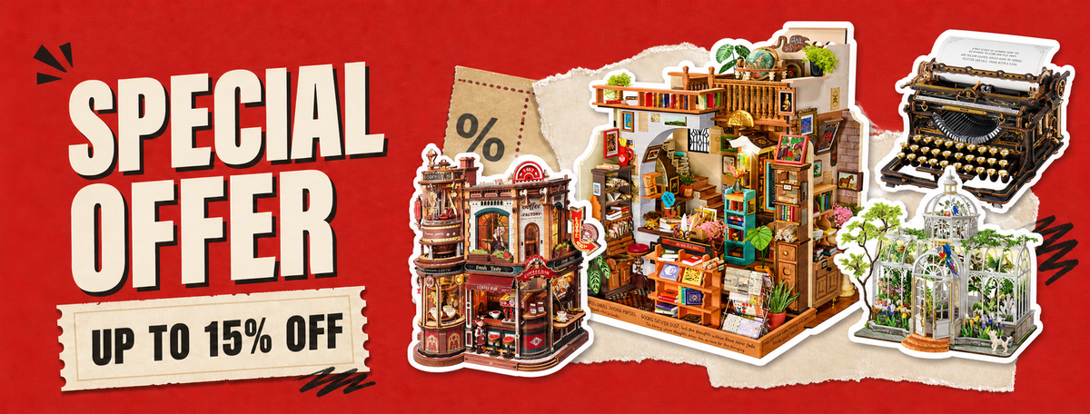 Wide special offer banner with Rolife miniatures, a typewriter and savings up to 15 percent