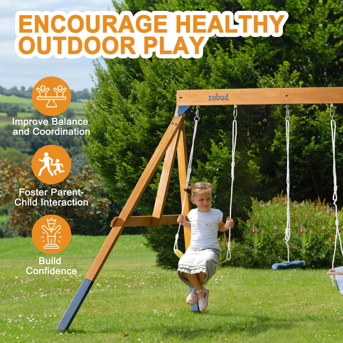 Girl swinging on ROBUD natural wood A-frame outdoor swing set in green garden with healthy outdoor play benefits listed including balance and confidence